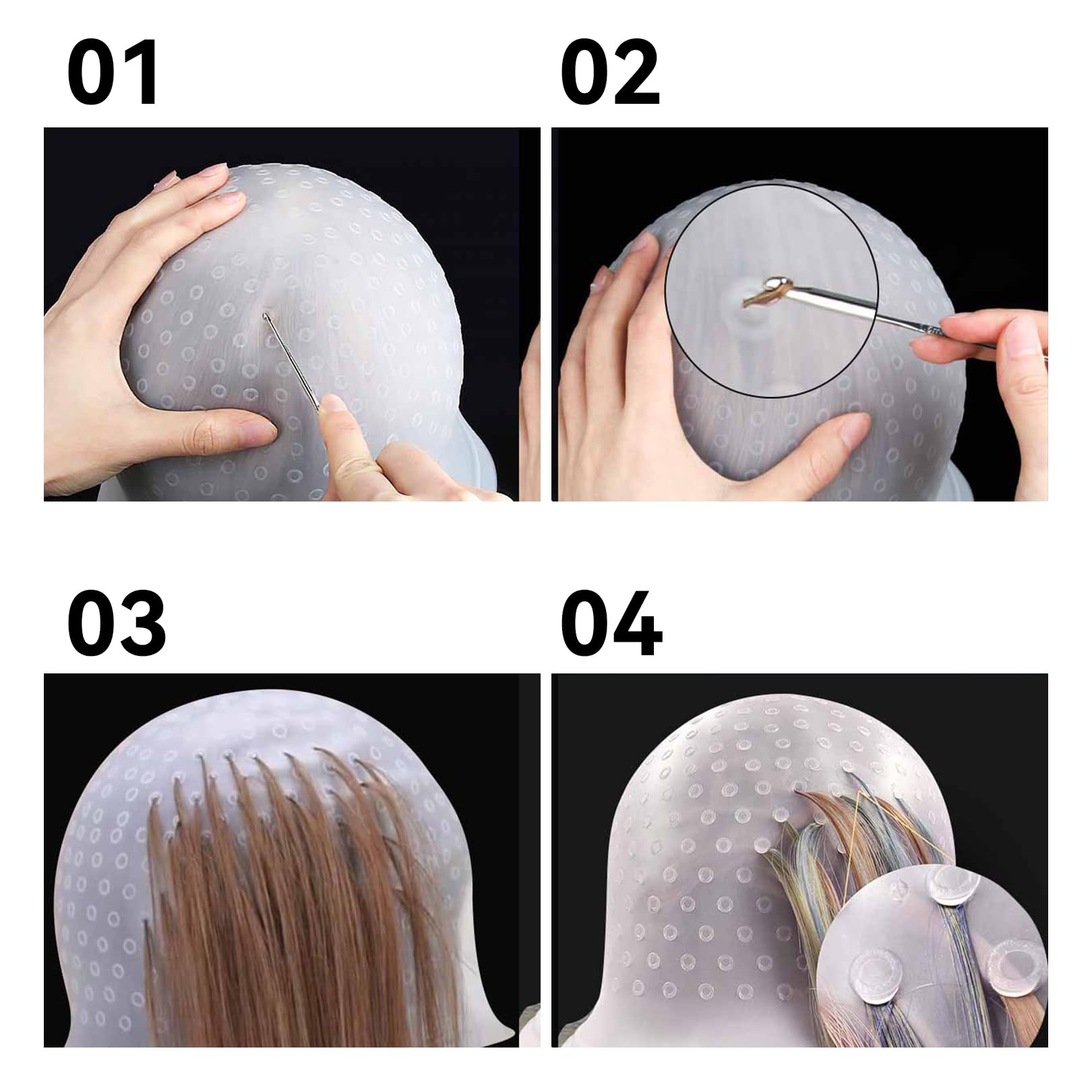 Highlight Cap and Hook Kit,White Streaking Cap,Soft Silicone Highlighting Cap,Half Transparent Hair Highlighting Cap and Hook Kit,Stainless Steels Hook,Hair Cap for Highlights,for Girls Boys - Image 4