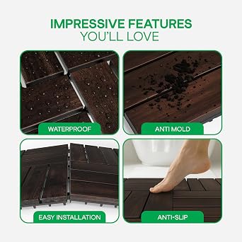IDZO Interlocking Acacia Deck Tiles 9.6 SQFT,10PCS, Dark Brown, Checker