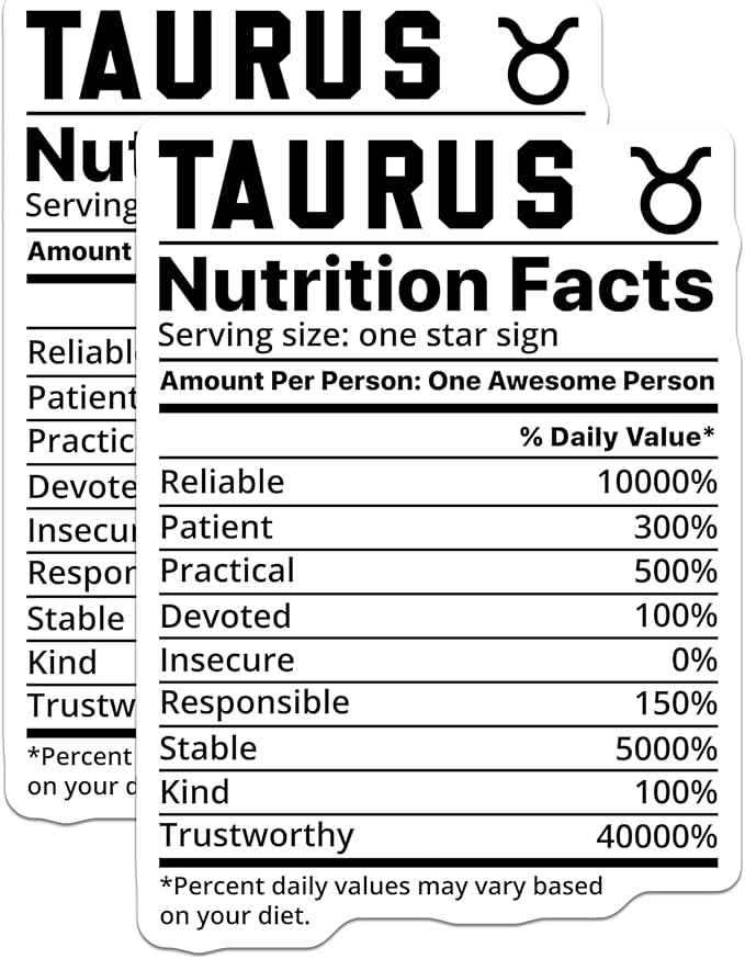 (2 Pack) Taurus Nutrition Facts Magnets - Zodiac Sign Decor - Funny Star Sign - 5