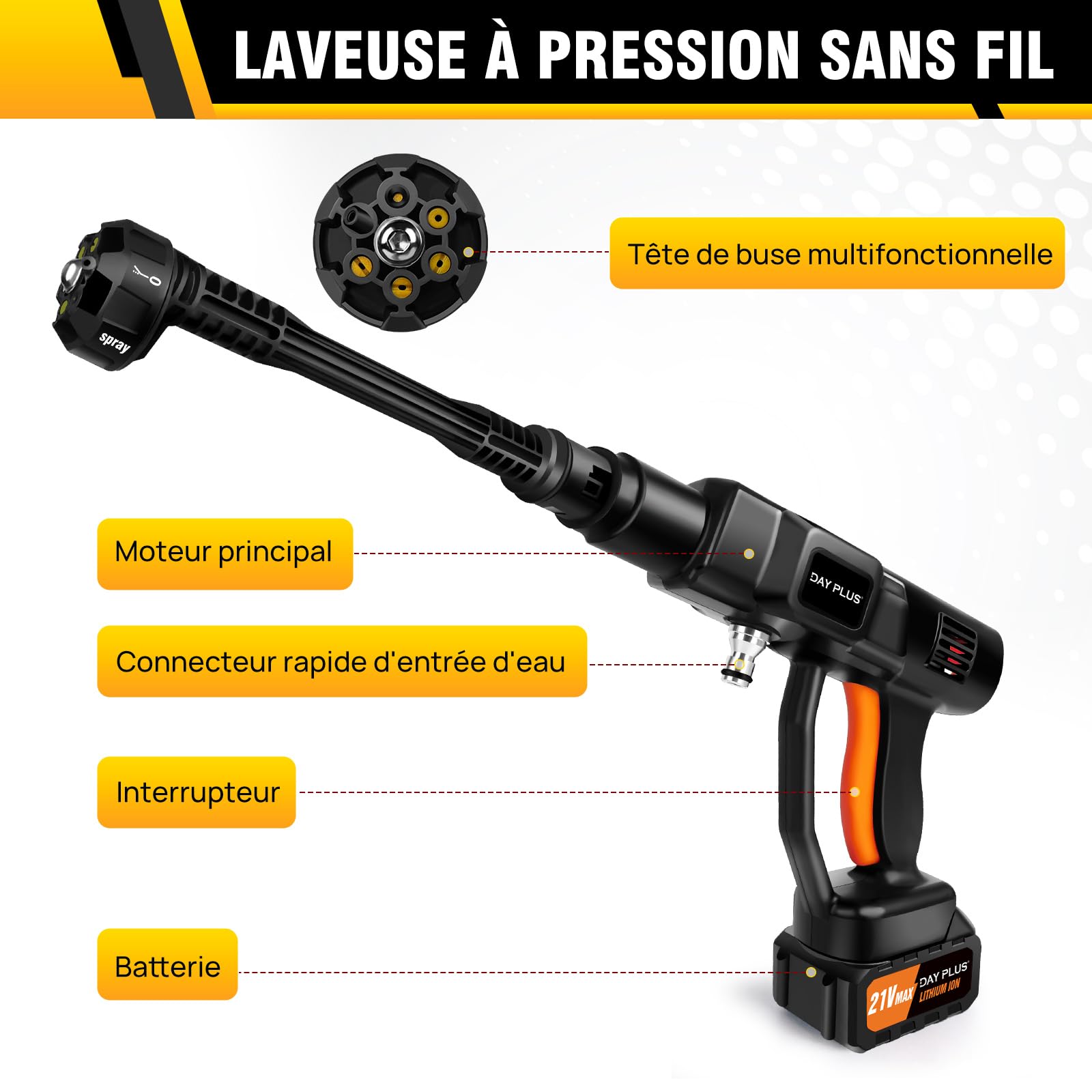 Nettoyeur Haute Pression Sans Fil 6000mAh, 21V 45 Bar/652 PSI Pistolet à Eau Haute Pression Portable avec Générateur de Mousse, Buse Multi-pulvérisation 6en1,Outil de Nettoyage de Voiture en Plein Air