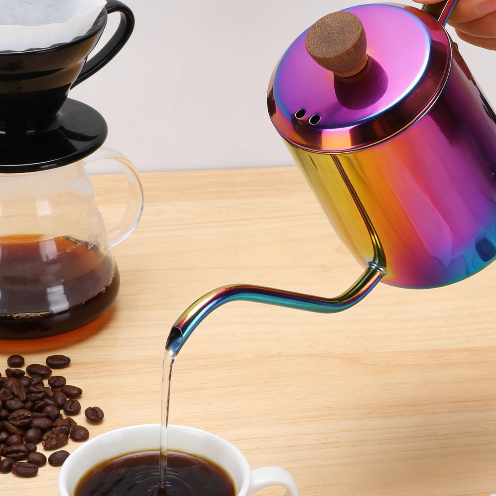 Bewinner Bollitore per caffè Pour Over 600 Ml Macchina per caffè Americano con Beccuccio a Collo di Cigno in Acciaio Inossidabile 304 con Manico in Legno, Versamento di Precisione per Viaggi in