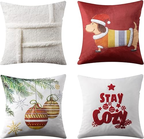 Paquete de 4 fundas de almohada decorativas de sherpa suave y terciopelo con estampado de cachorro y letras fundas de cojín para sofá o sofá color