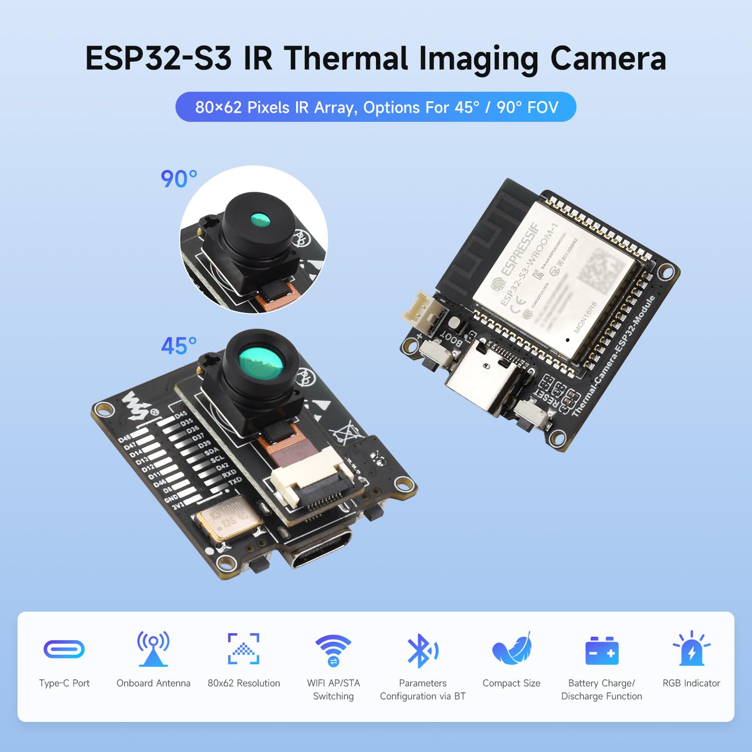 Waveshare ESP32-S3 Infrared Wireless IR Thermal Imaging Camera Module, Type-C Port, 80x62 Array Pixels Basic Version 45 ° Field of View Angle