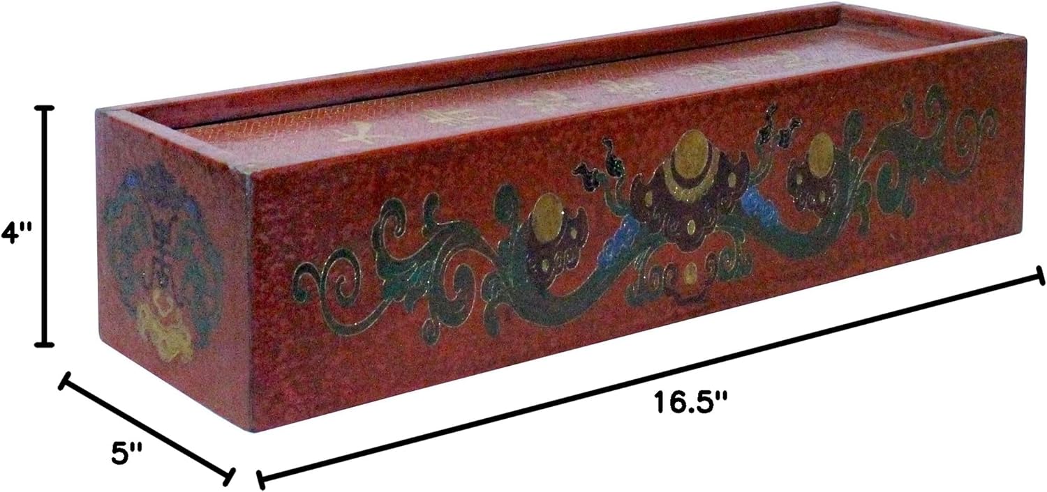 Chinese Distressed Red Lacquer Chinoiserie Long Rectangular Treasure Box Acs5458
