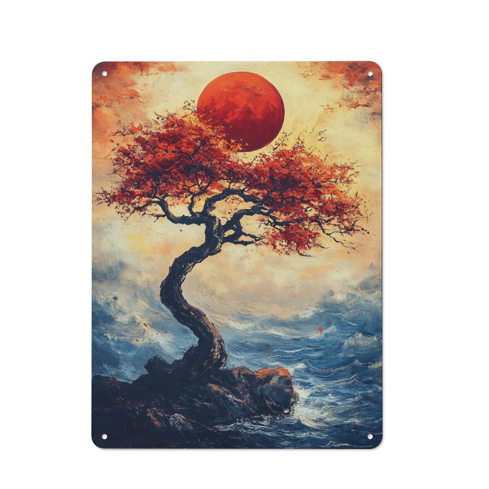 Junmoney Style-6 Crimson Moon Over Stormy Seas Vintage Metal Wall Decor 40X30cm, Vintage Metal Sign For Cafe, Bistro, Bakery Or Restaurant