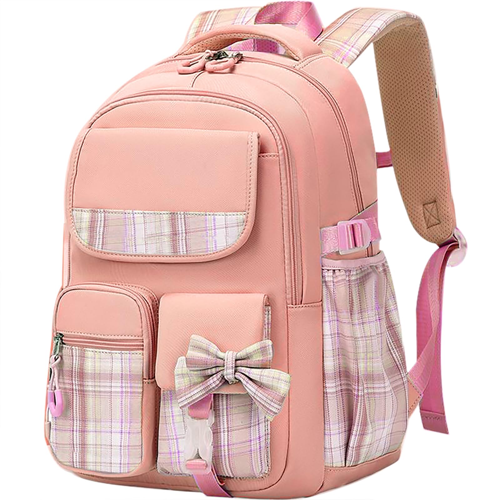 MCWTH Checkered Backpack for Teen Girls, Kawaii Cute Kids Elementary Student School Backpacks (Bow Pink)