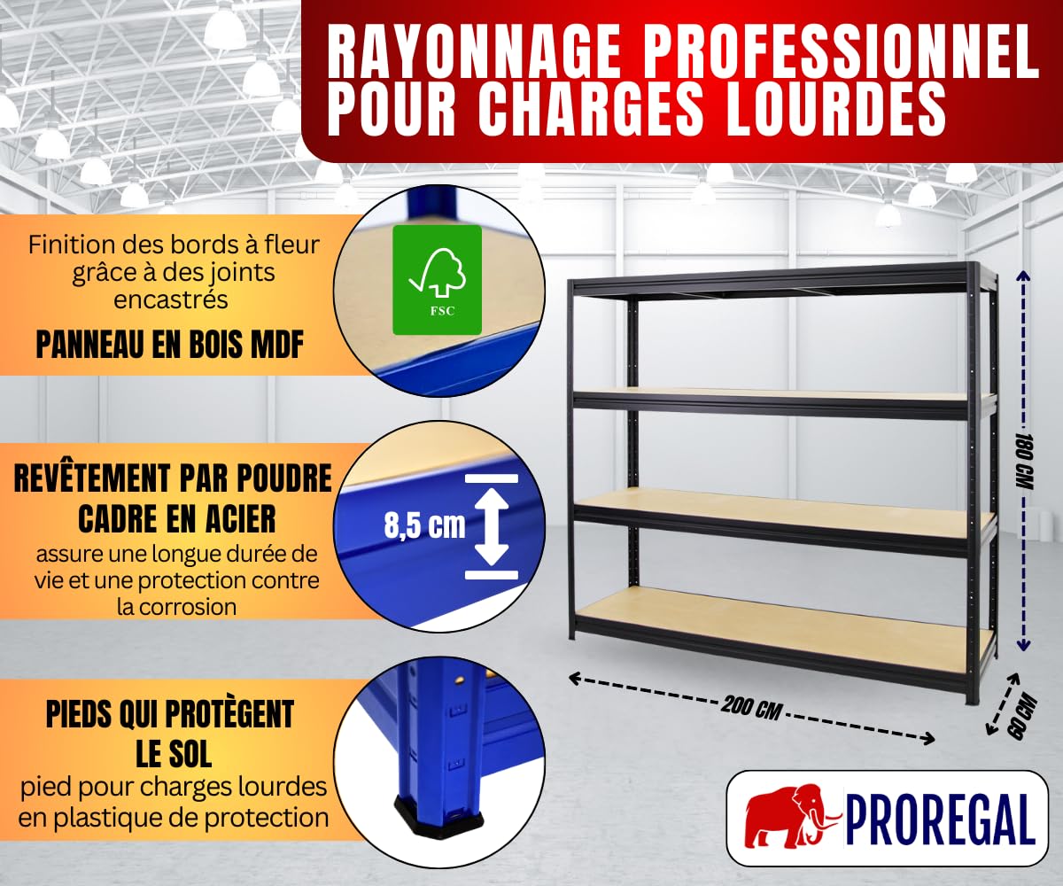 PROREGAL Étagère Charge Lourde Dino | HxLxP 180x200x60cm | 500kg par Niveau | Noir | Étagère Robuste de Garage, Atelier, Cave, sous-Sol, Stockage, Rangement, Rayonnage