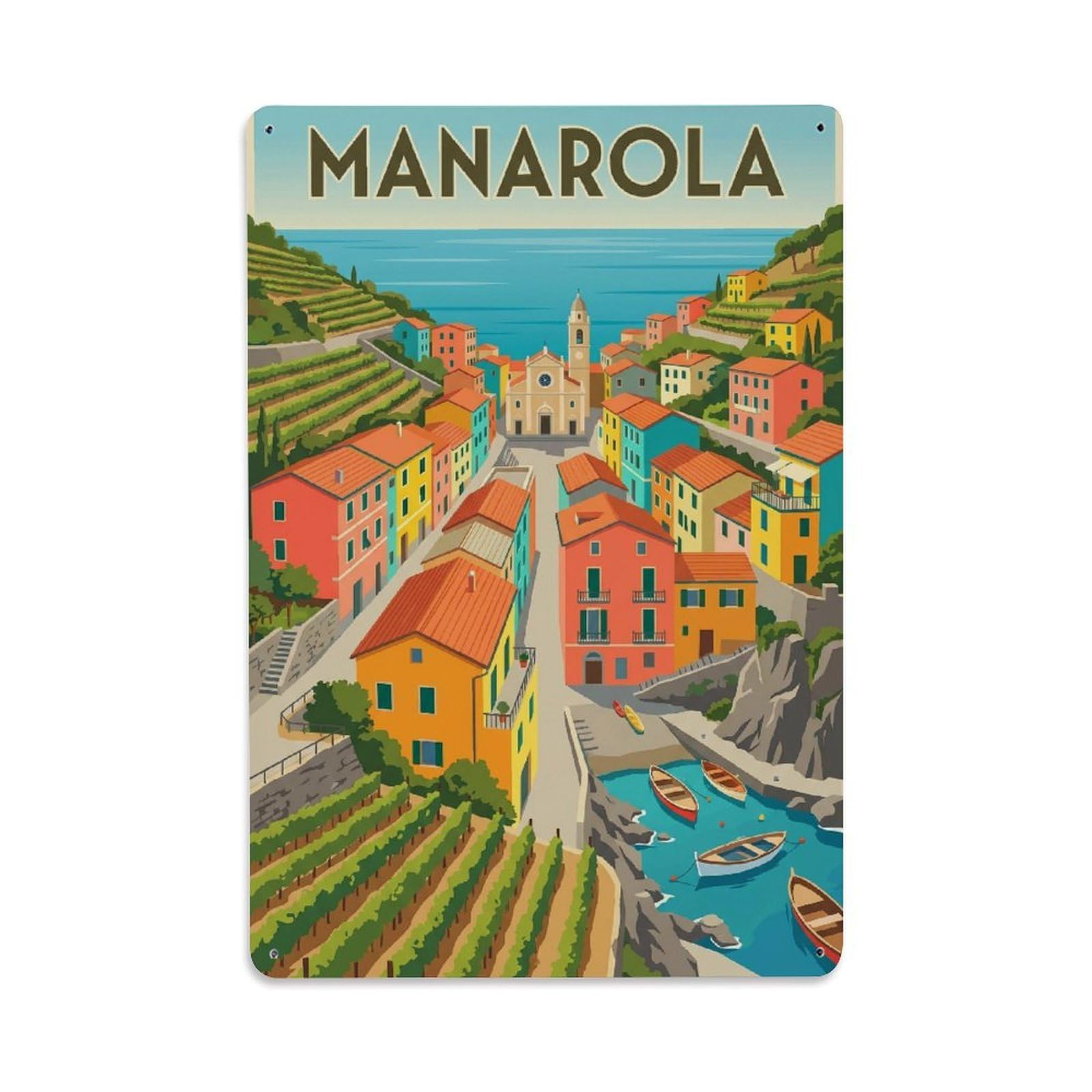 Heritage Manarola Italian Riviera Coastal Village Metal Tin Sign Plaque Wall Decor for Cafe, Man Cave, Club Bar, Office, Home Garden Round Metal Poster 8x12Inch