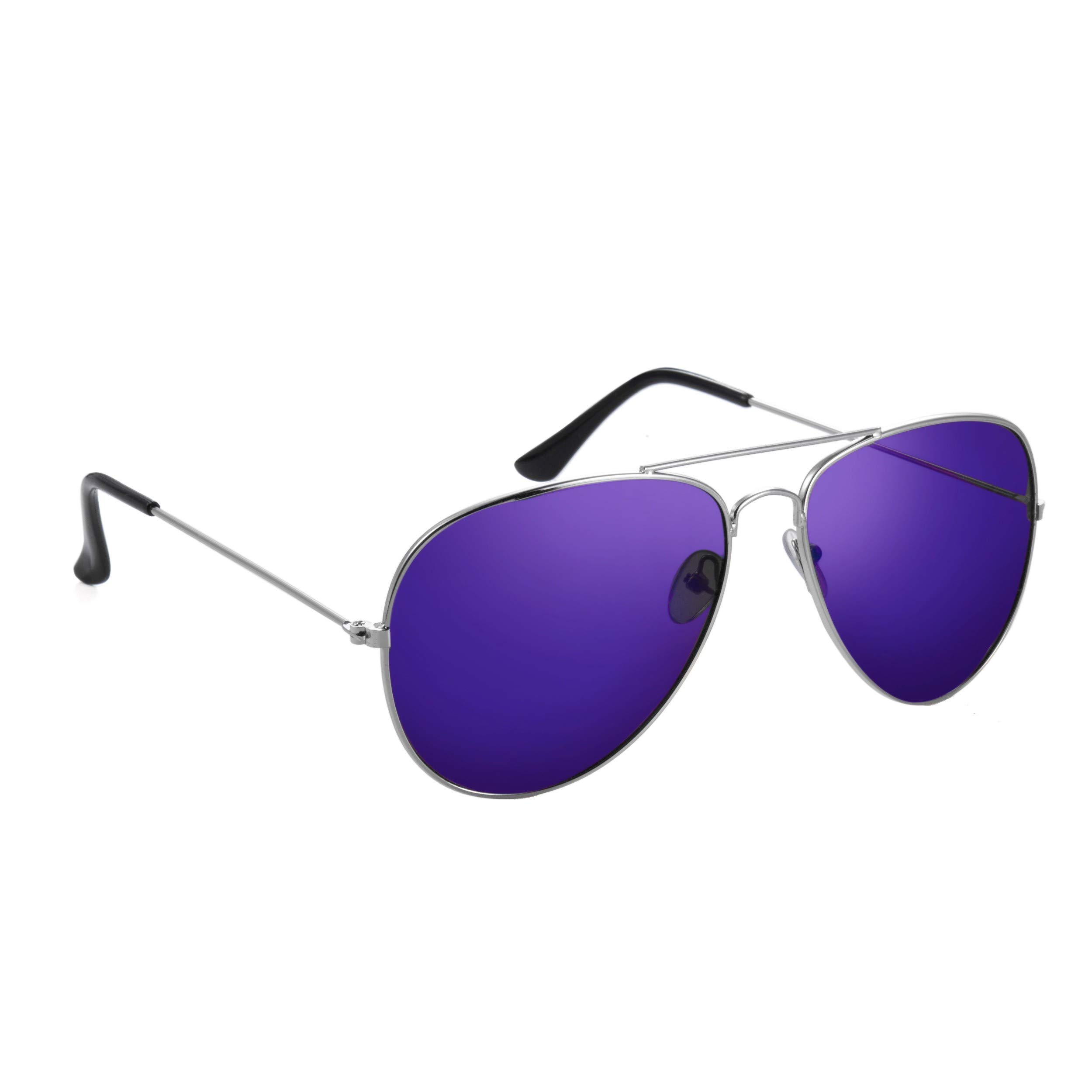 Komonee Unisex Silver Frame Pilot Style Purple Lens Sunglasses Set With Cloth Soft Case And Cleaning Cloth Designer Mens Womens Uv400 Protection Classic Shades