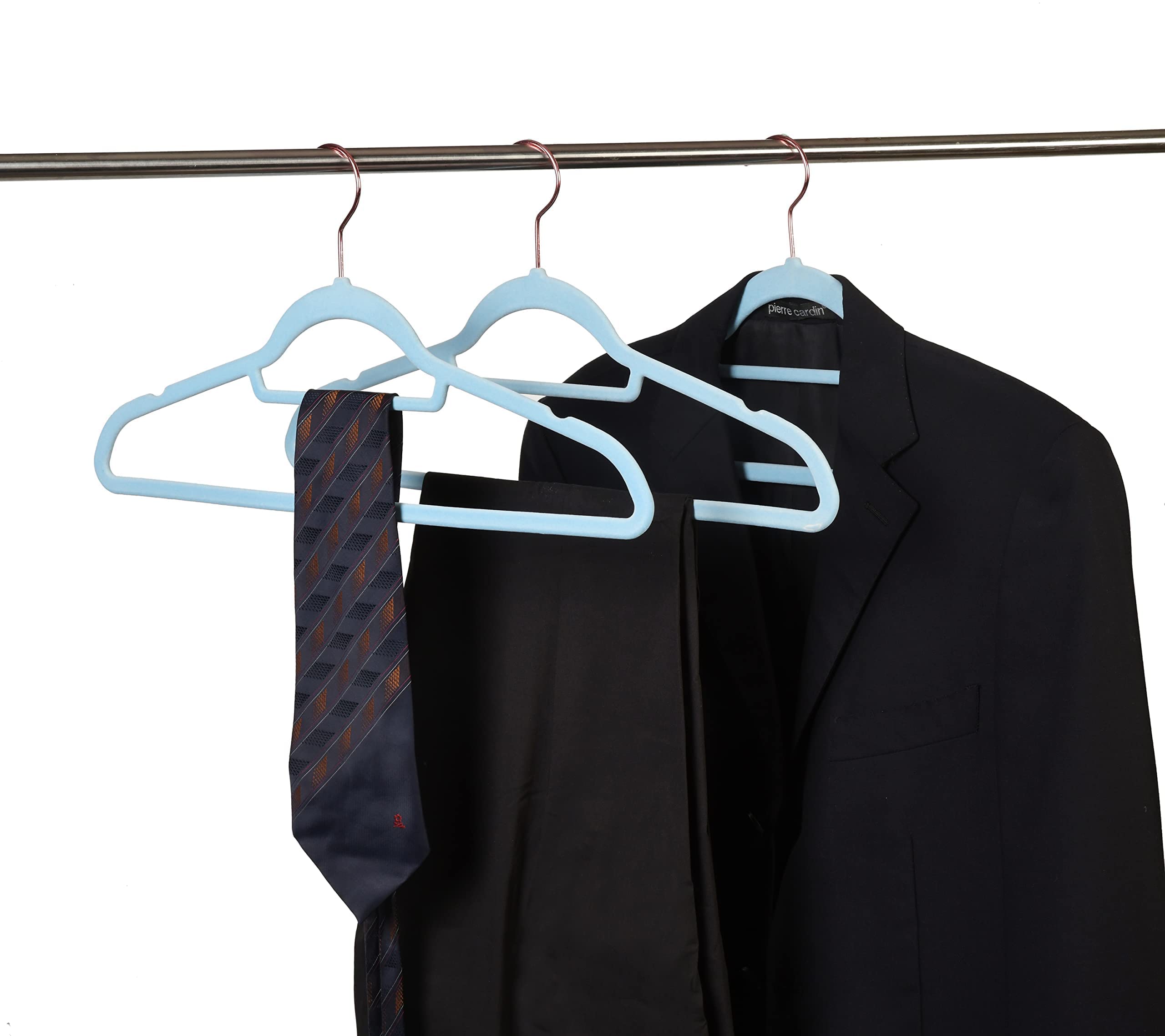 Synhozz Premium Blue Velvet Hangers with Tie Bar Rose Gold Hook, Non Slip Clothes Hangers, Huggable Hangers Coat Suit Hangers, Felt Hangers, Slimline Hanger Closet Organizer Standard, Pack of 50