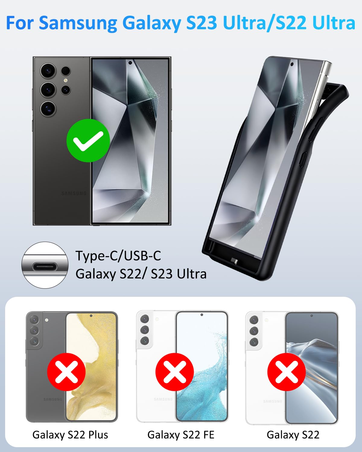 Funda de batería para Samsung S22Ultra/S23Ultra (6.8 Pulgadas), 15000 mAh, Ultrafina, de Alta Capacidad, magnética, Recargable, Carga extendida, Cargador portátil, Color Negro