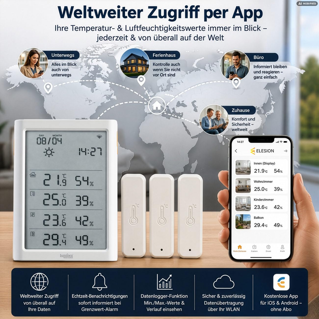 Luminea Home Control LCD-Thermometer: WLAN-Hygrometer-/Thermometer-Station, 3 Sensoren, Sirene, Lichtsensor (Funk-Temperatursensor, Temperatur-Außensender)