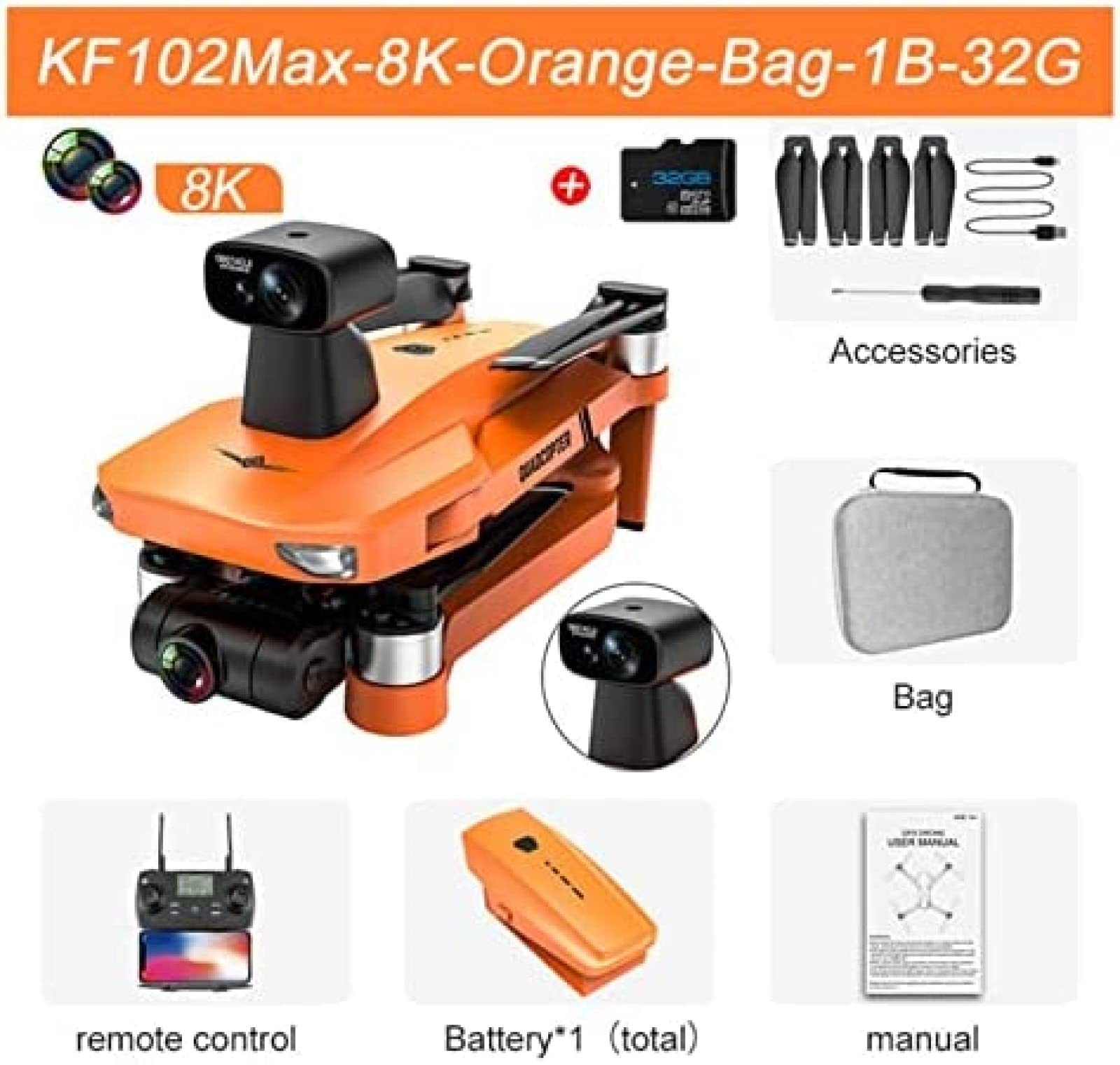Dron z kamerą KF102 GPS Drone 4k Profesjonalna kamera 8K HD 5G Wifi 2-osiowy gimbal Fotografia lotnicza Bezszczotkowy składany quadcopter RC 1200M Drone 4k,MAX-8K-Orange-1B-32G