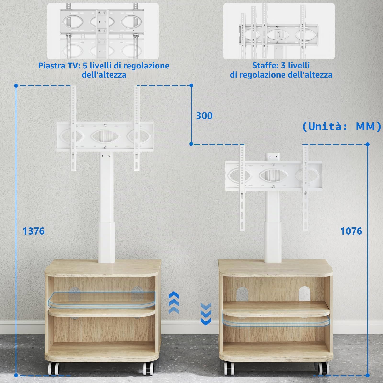 5Rcom Supporto TV bianco su ruote per TV LED LCD OLED Plasma da 32-65 pollici, schermo piatto curvo, altezza regolabile, con staffa, fino a 40 kg, supporto TV mobile con mensole in legno, VESA max 400