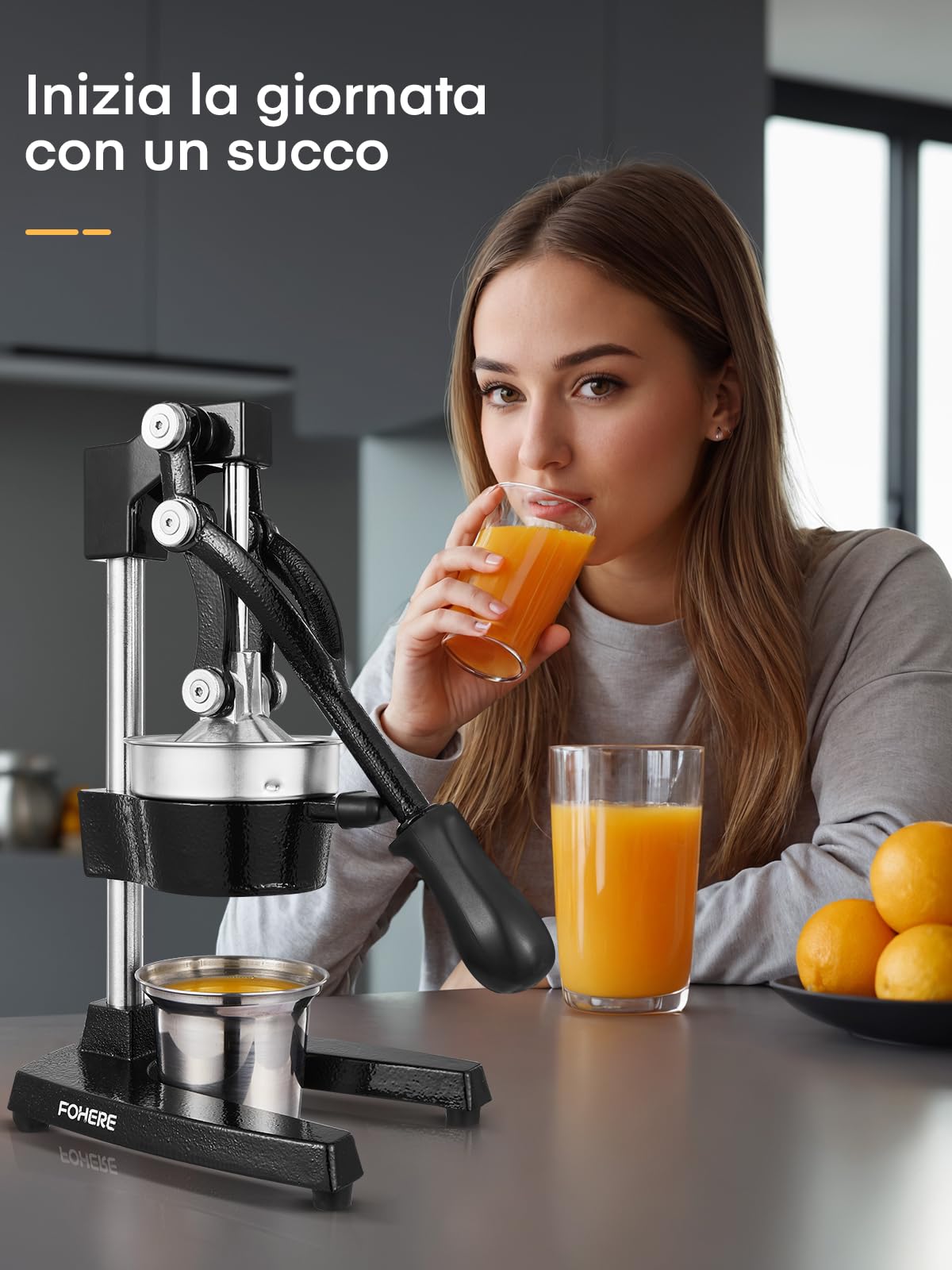 Spremiagrumi Manuale FOHERE, Professionale Limone Manuale per Agrumi Commerciali per Arance, Limoni, Melograno, Pompelmi, Spremiagrumi Facile da Pulire con Tazza in Acciaio Inossidabile