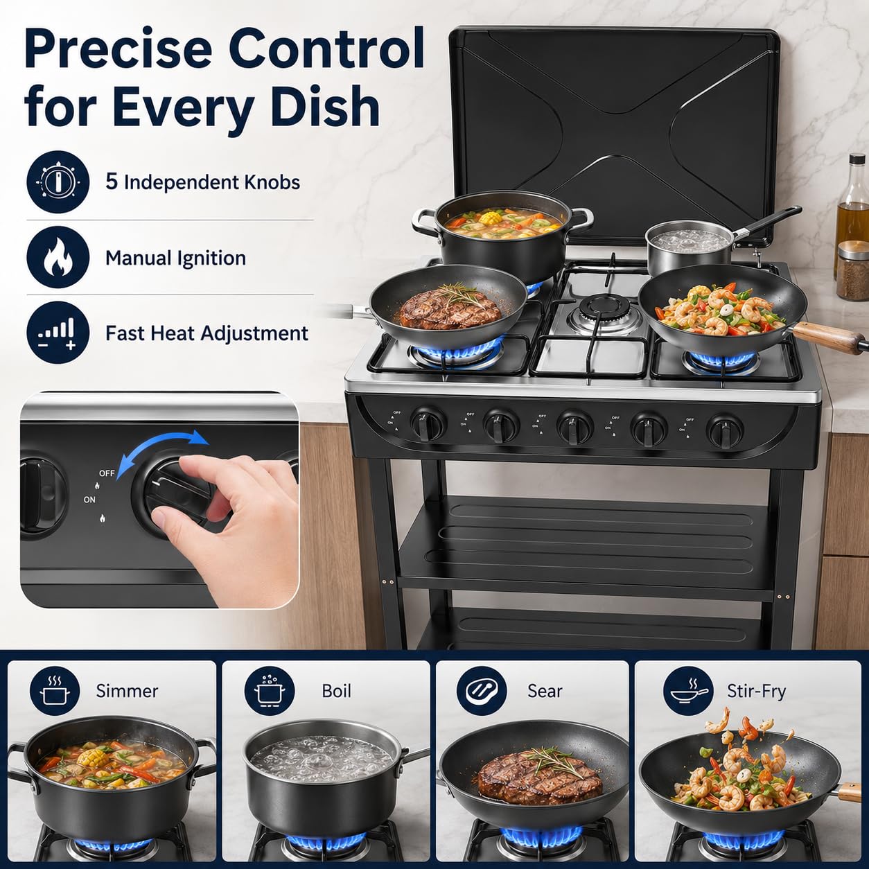 Barbecue a gas a 5 fuochi con coperchio, fornello a gas mobile per esterni, barbecue da campeggio con 2 ripiani e protezione antivento, potente barbecue a gas da tavolo da 12,5 kW, per balcone