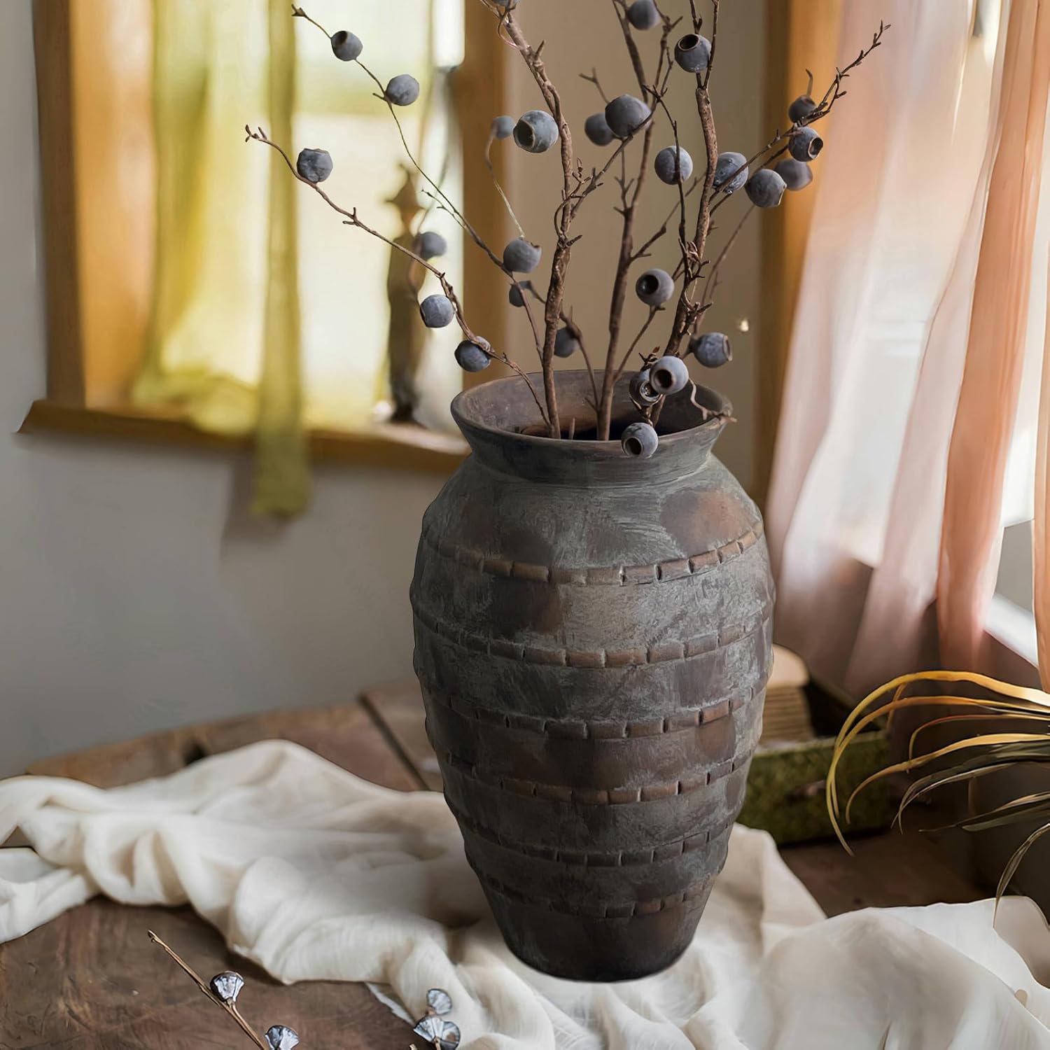 Farmhouse Decor Brown Ceramic Vase, 12 Inch Rustic Pottery Vase for Living Room & Table Centerpieces, Handmade Flower Vases for Rustic Mantel & Home Decor