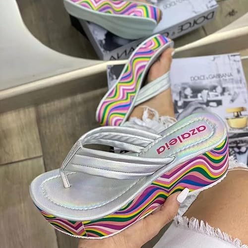 Vista 4 de Sandalias de plataforma arcoíris para mujer, con plataforma de cuña y puntera abierta, con soporte de arco, cómodas pantuflas de playa