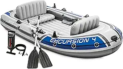 INTEX Conjunto de barcos infláveis 68324EP Excursion 4: Inclui remos de alumínio de luxo de 137 cm e bomba de alto rendimento – assentos ajustáveis com encosto – Suportes para vara de pesca – 4 pessoas – capacidade de peso de 500 libras