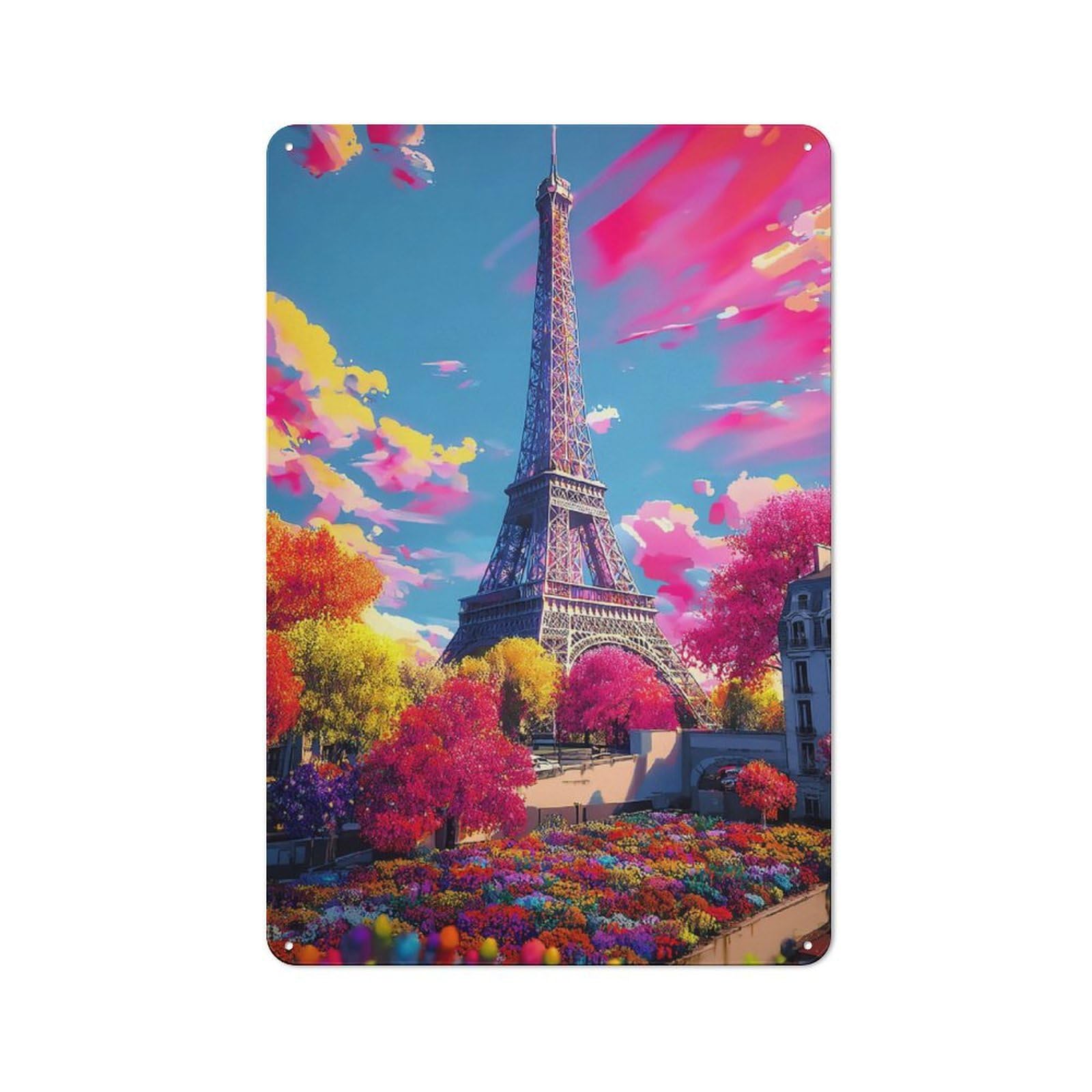 Colorful Parisian Garden with Eiffel Tower Smart Metal Wall Decor 30x20cm, Office Metal Sign for Office, Study, Studio Or Hallway