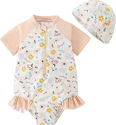 Maiô infantil para meninas com babado Rash Guard com zíper, manga curta, com chapéu, FPS 50+ 1-5T