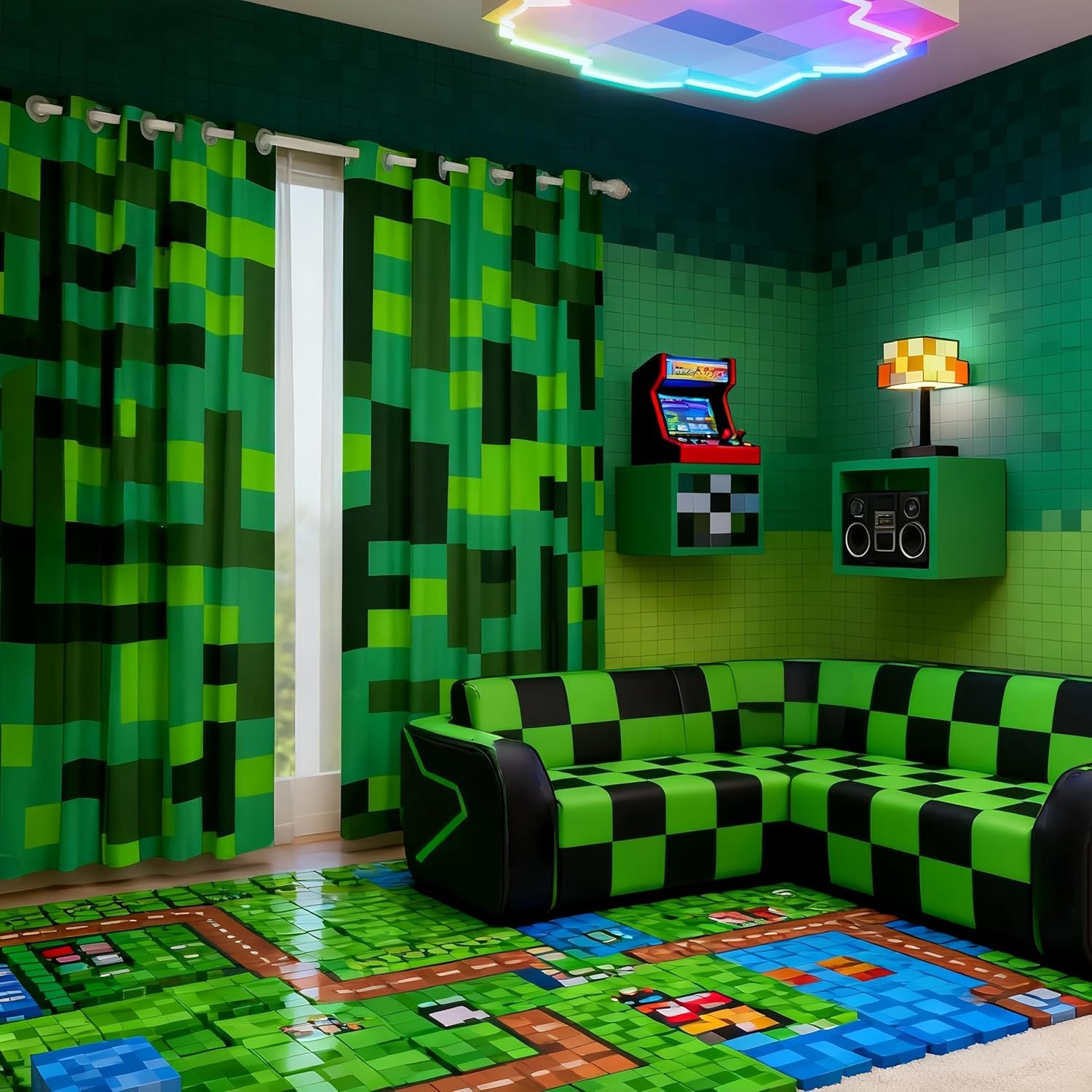 Manfei Pixel Grid Miners Blackout Curtains,Geometric Grid Patchwork Pixelated Window Drapes,Cartoon Gamepad Video Games Nursery Bedroom Playroom Decor,Cyan Green 2 Panels,46Wx54L inch