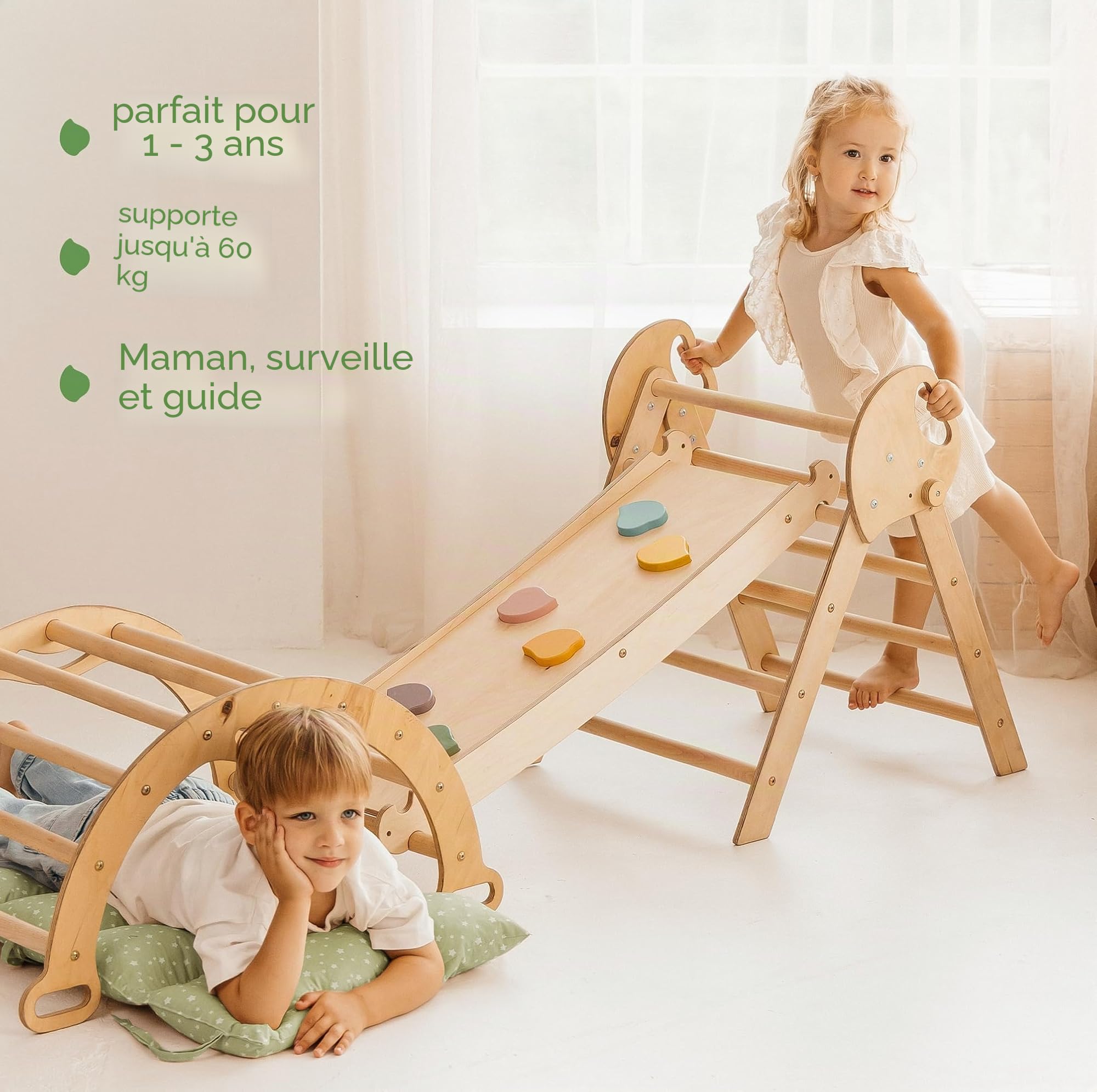 Goodevas Montessori Kit d'escalade 5 en 1 : triangle d'escalade d'intérieur, arche d'escalade avec coussins et toboggan pour enfants, aire de jeux d'intérieur de 1 à 3 ans