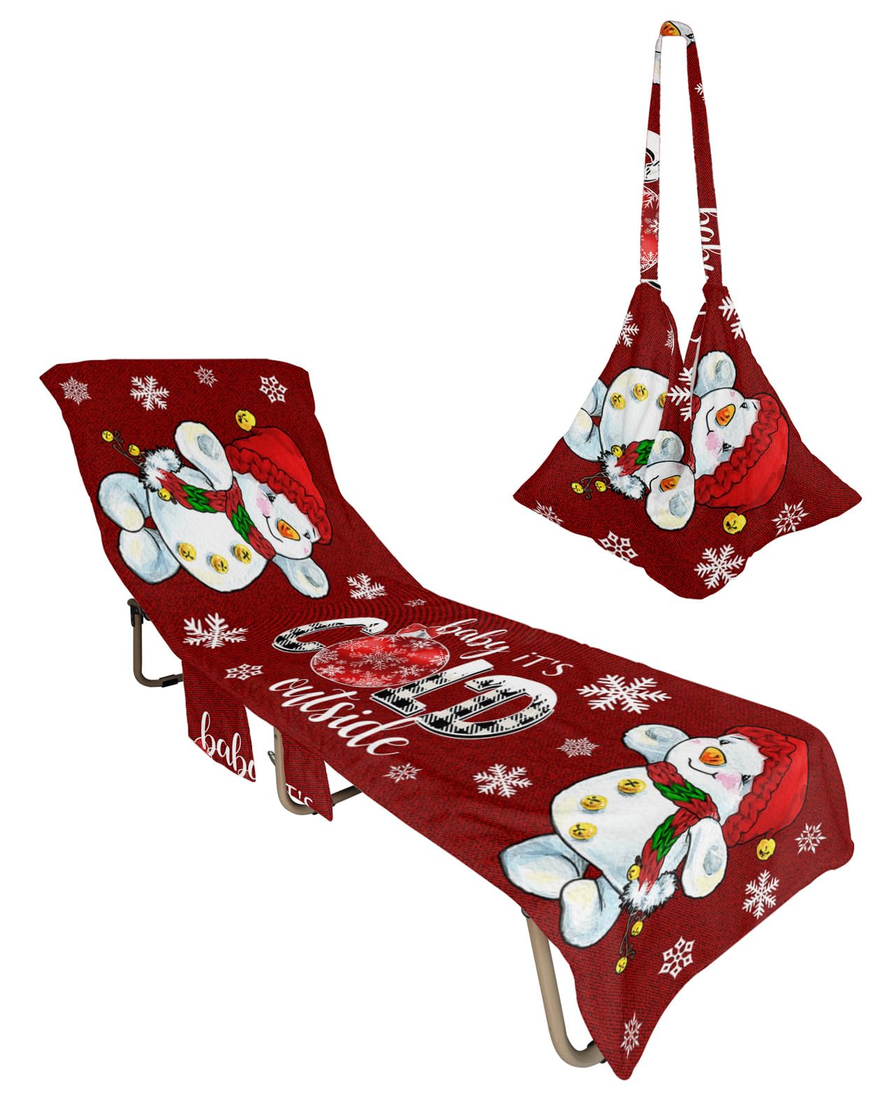 Red Snowman Beach Chair Towel Covers for Chaise Lounge with Side Pocket, Soft Plush Pool Towels Cover for Patio Sunbathing Outdoor 29''x85'' Merry Christmas Winter Snowflake