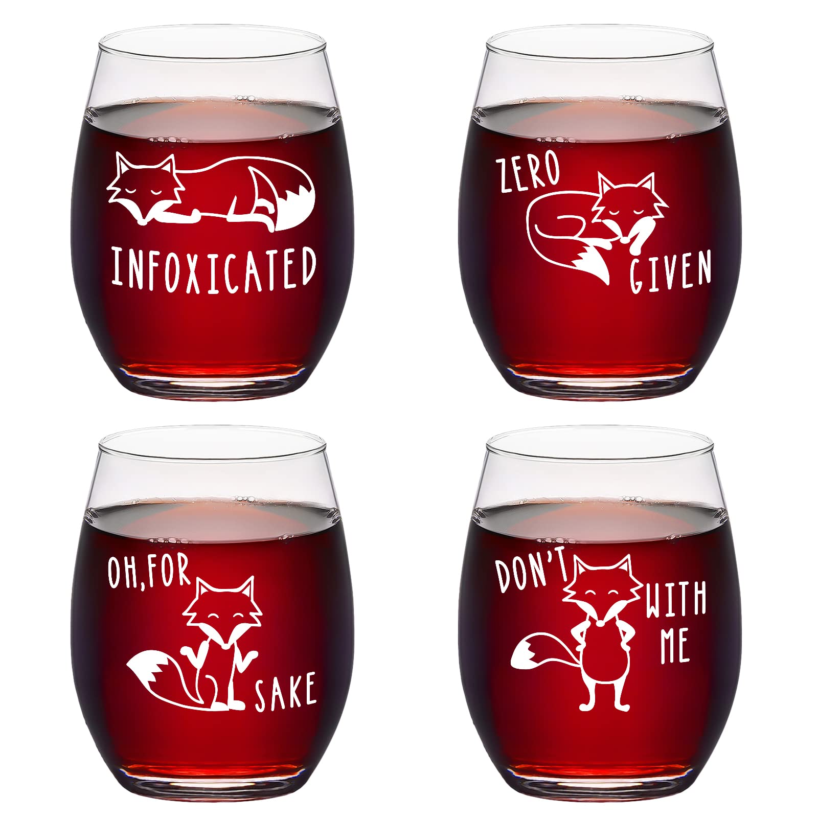 FuttumyFox Themed Gift Set, Infoxicated, Zero Fox Given, Oh for Fox Sake, Don't Fox with Me, 15oz Novelty Fox Wine Glass Set for Christmas Birthday Gag Gift White Elephant Exchange Gift, Set of 4