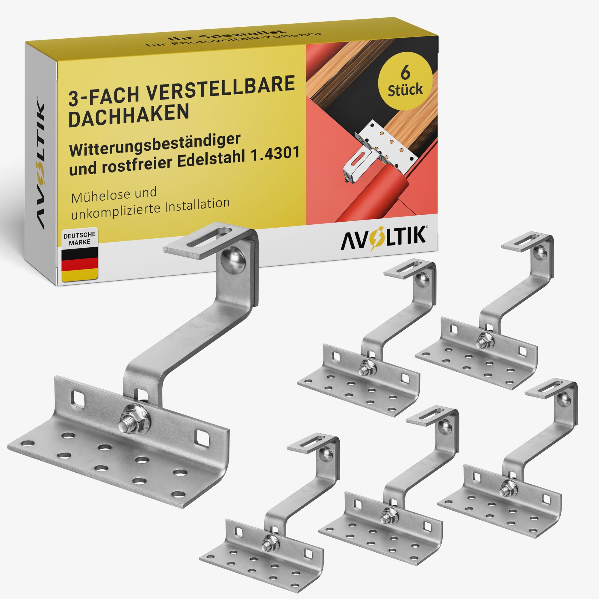 Avoltik 6x Dachhaken (3-fach verstellbar) Photovoltaik Halterung I Dachhalterungen Solarmodule A2 aus rostfreiem Edelstahl 1.4301 I robuste Dachhalterung Balkonkraftwerk zur sicheren Montage