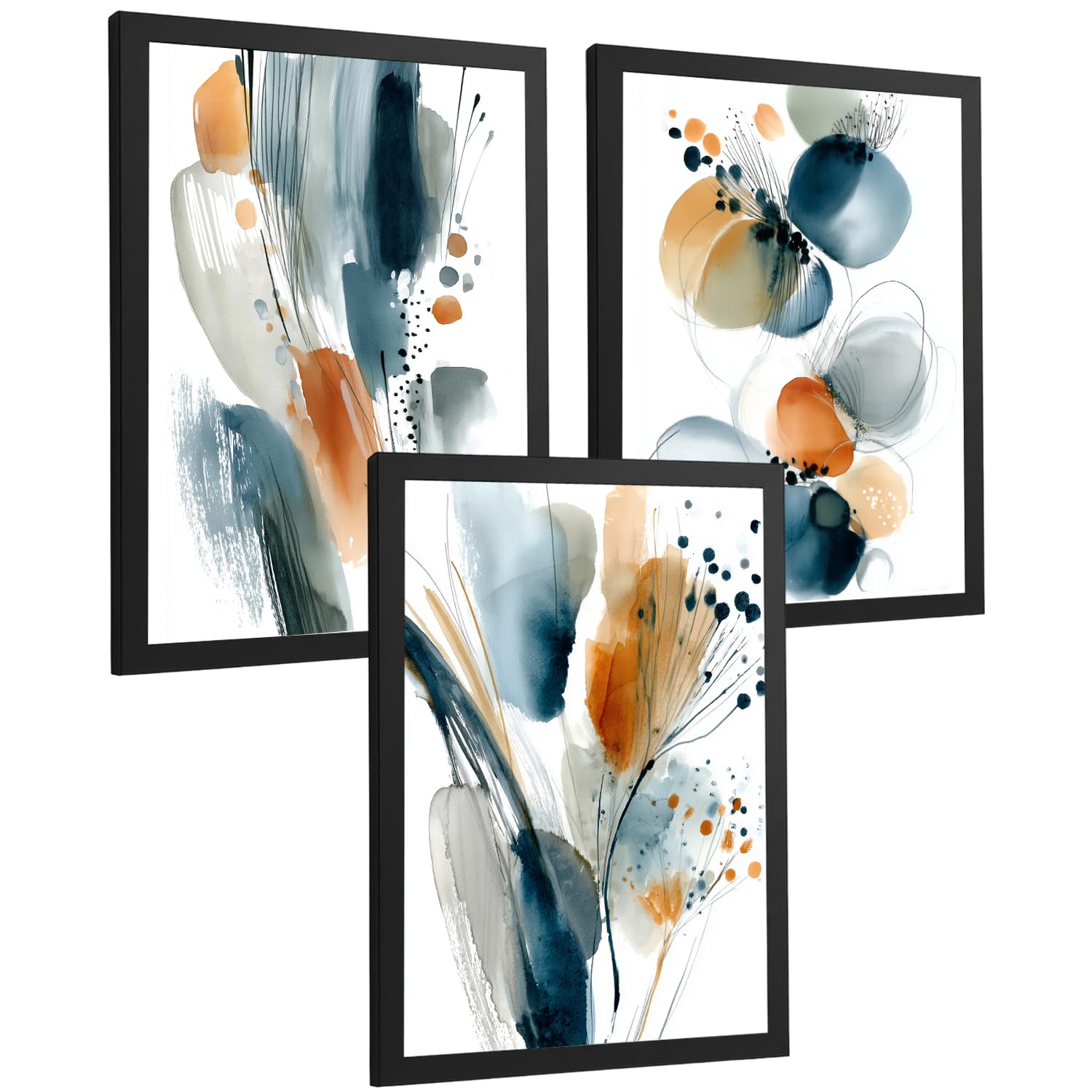 Nacnic Juego 3 Láminas Laminas Decorativas Pared Cuadros Abstractos De Acuarela, Azul, Naranja. Decoraciones Paredes. Cuadros Para Para Salón Y Dormitorio Modernos. Tamaño A3 Marco Negro
