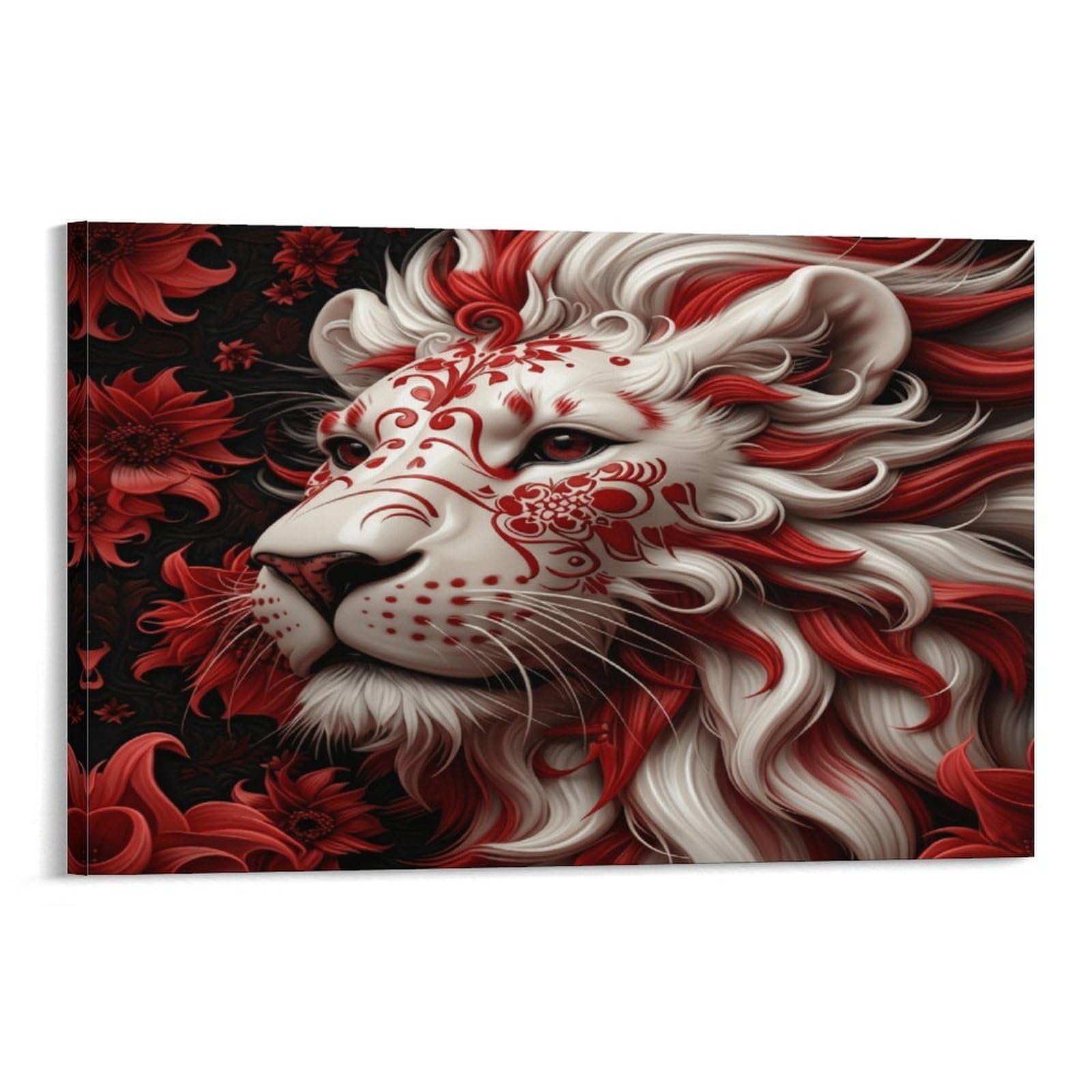 XPASHIQWC Lion Poster Artwork Red Floral Giclee Canvas Prints Modern Wall Art Picture Wall Hanging for Home Decorations 24x36inch(60x90cm)