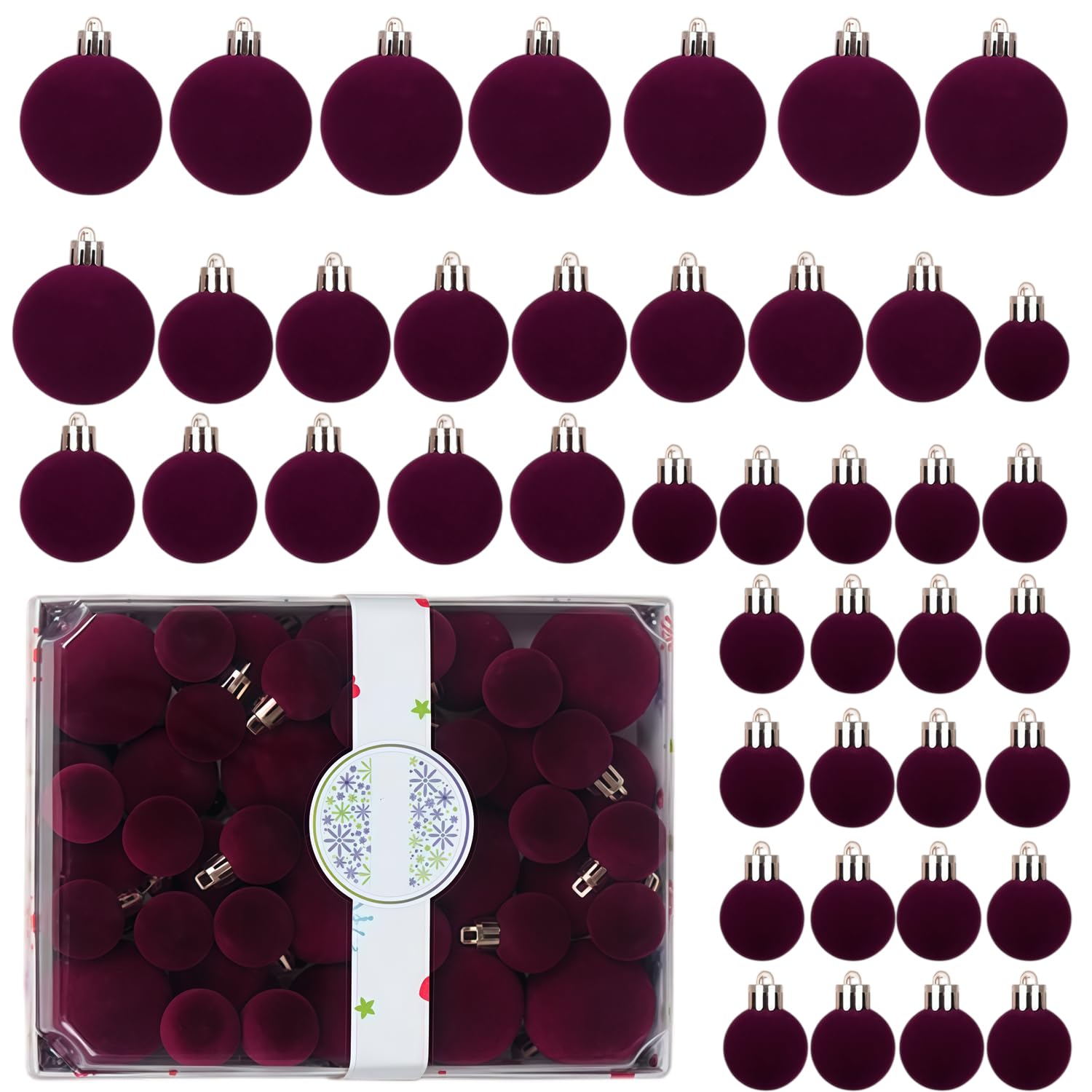 42Pcs Velvet Christmas Baubles Balls Shatterproof 3-5cm Hanging Ornaments Christmas Tree Decorations Burgundy Large & Small Bauble for Xmas Party Holiday Decor (Burgundy)