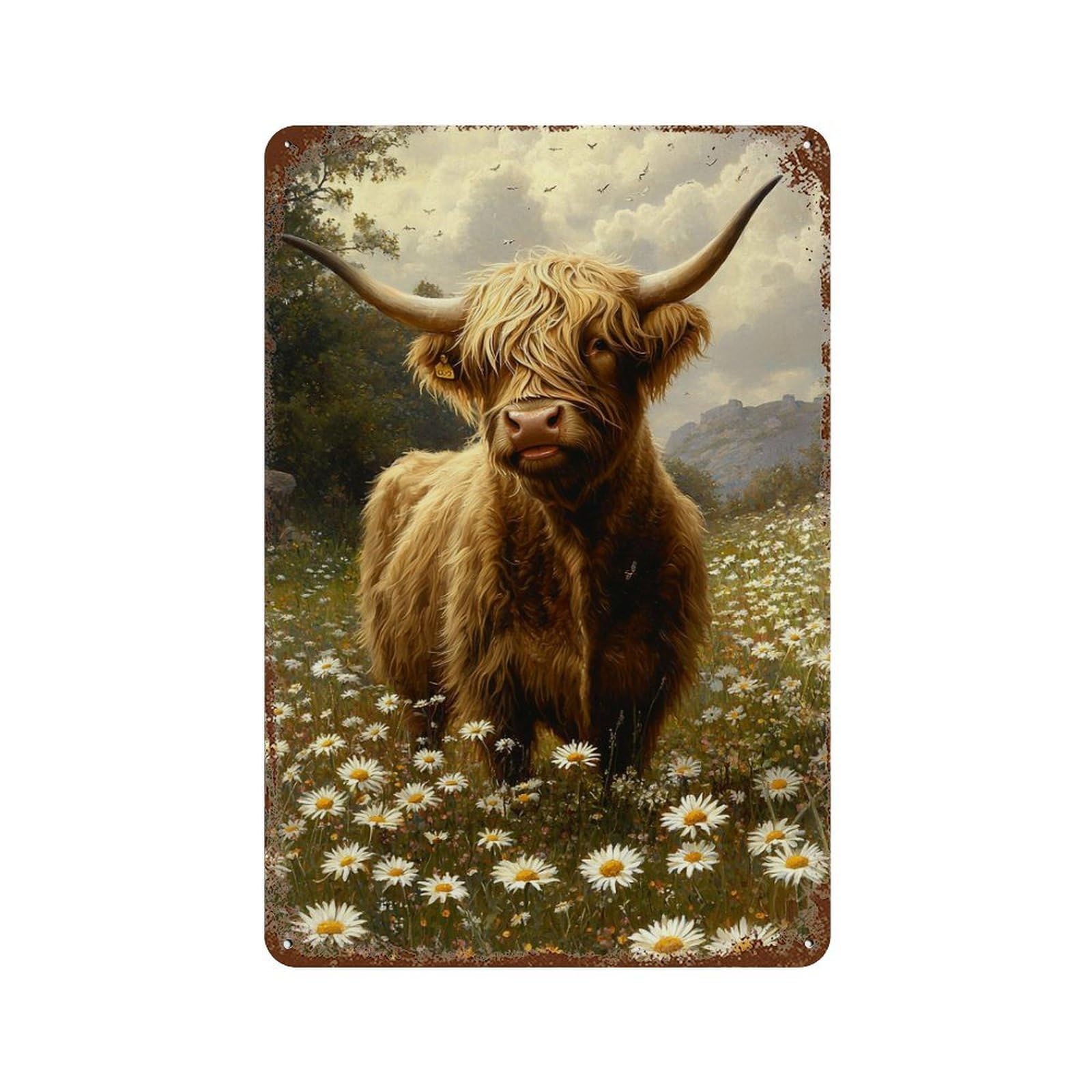 Rust Effect Highland Cow in Daisy Field-2 Weathered Tin Sign 11.8"x7.9", Retro Wall Decor for Garage, Bar And Workshop Decor