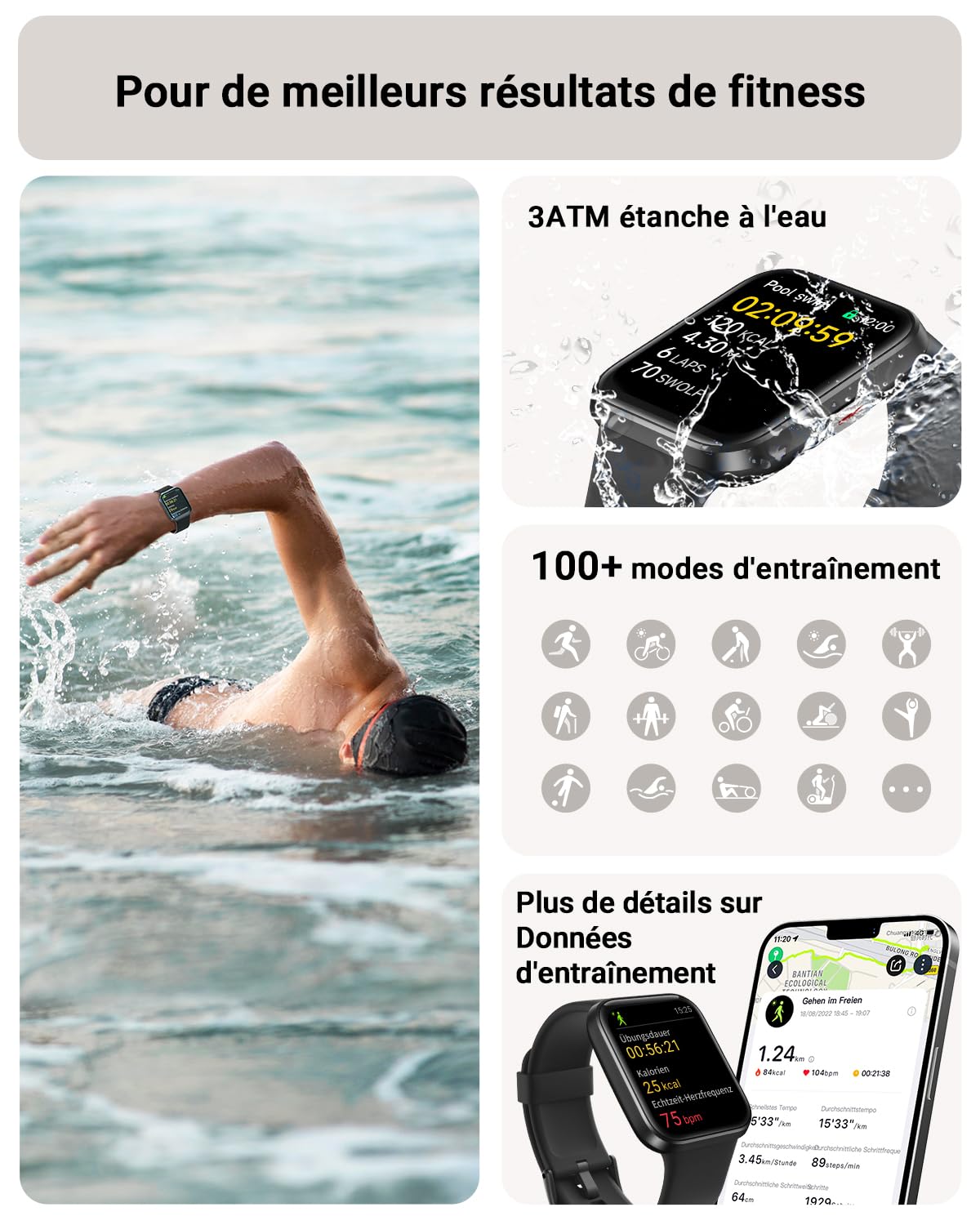 Montre Connectée Homme, 1,85" Femme Smartwatch pour Samsung iPhone Android, Alexa intégrée 3ATM 100+ Modes Sportifs Moniteur de SpO2/Sommeil/Fréquence Cardiaque/Podometre/Calories Noir