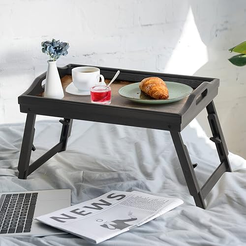 Miniatura 9 de Bandeja de cama Bandeja de desayuno Bandeja de bambú Cama Laptap Floding Patas con asas y soportes para teléfono