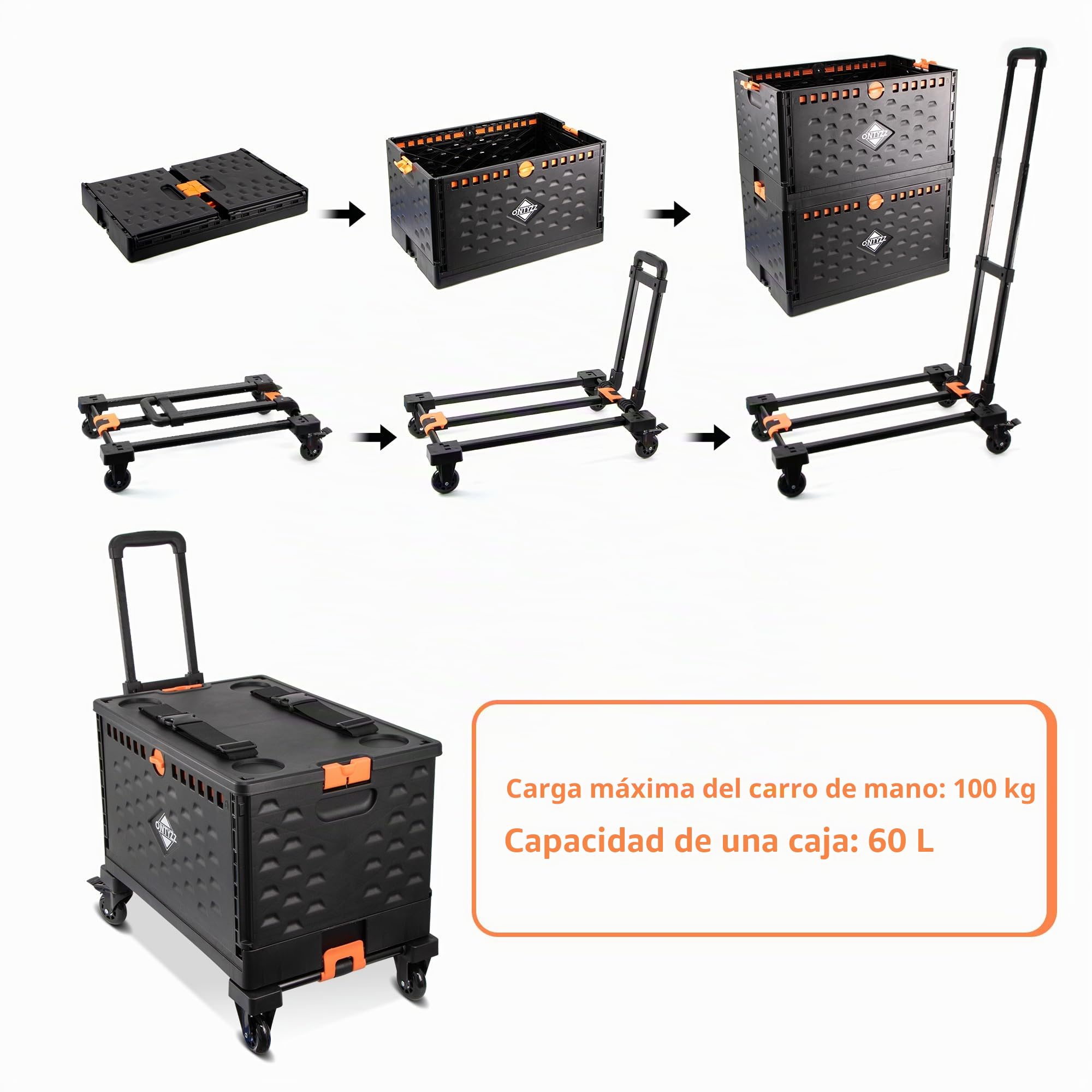 Carrito de la Compra Carro Utilitario con Una Caja de Almacenamiento Plegable Separada 60L Gran Capacidad Carro de Mano Plegable con Ruedas de Goma con Freno Giratorias en 360°y Tapa Carro Compra