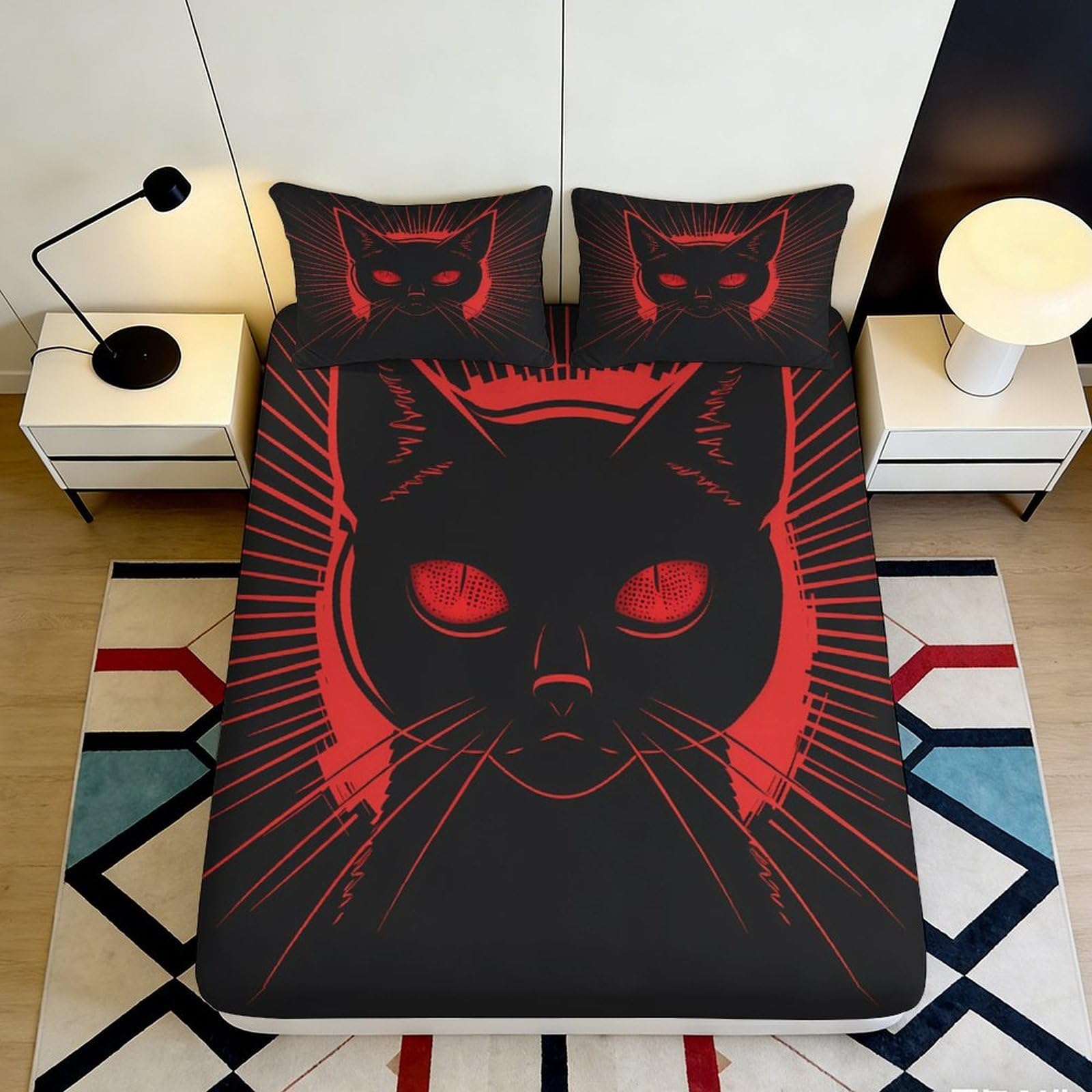 3D Printed Black Cat Face Fitted Sheet Microfiber Soft Red Eyes Gothic Art Bed Cover Anti-Slip Easy Care for Bedroom Dorm 90x200x25cm