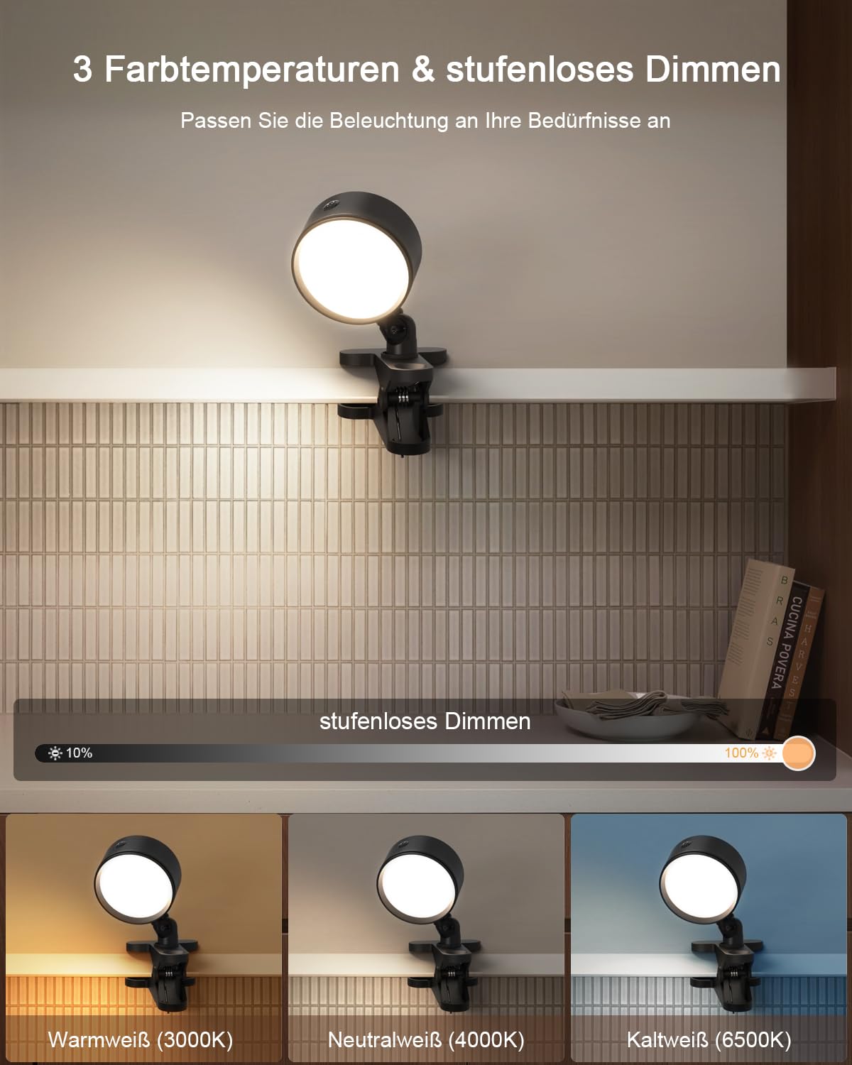 Leselampe Bett Akku Kabellos mit 5000mAh, Klemmlampe Bett mit 3 Farben Dimmbar Touch Fernbedienung, USB-C Klemmleuchte LED mit 360° Drehbare, Nachttischlampe Klemmbar für Schlafzimmer Camping