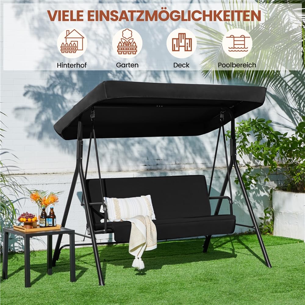 Yaheetech Schaukelbank Hollywoodschaukel 3-Sitzer Gartenschaukel mit Sonnendach Hängeschaukel mit Verstellbarem Ersatzbach bis 250 kg Belastbar Schwarz