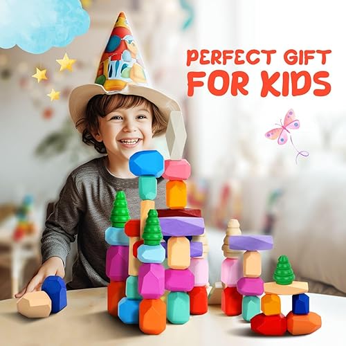 Miniatura 5 de Qubomax 40 piezas de juguetes apilables de madera  Bloques de construcción Montessori para niños a partir de 3 años  Juego de aprendizaje preescolar