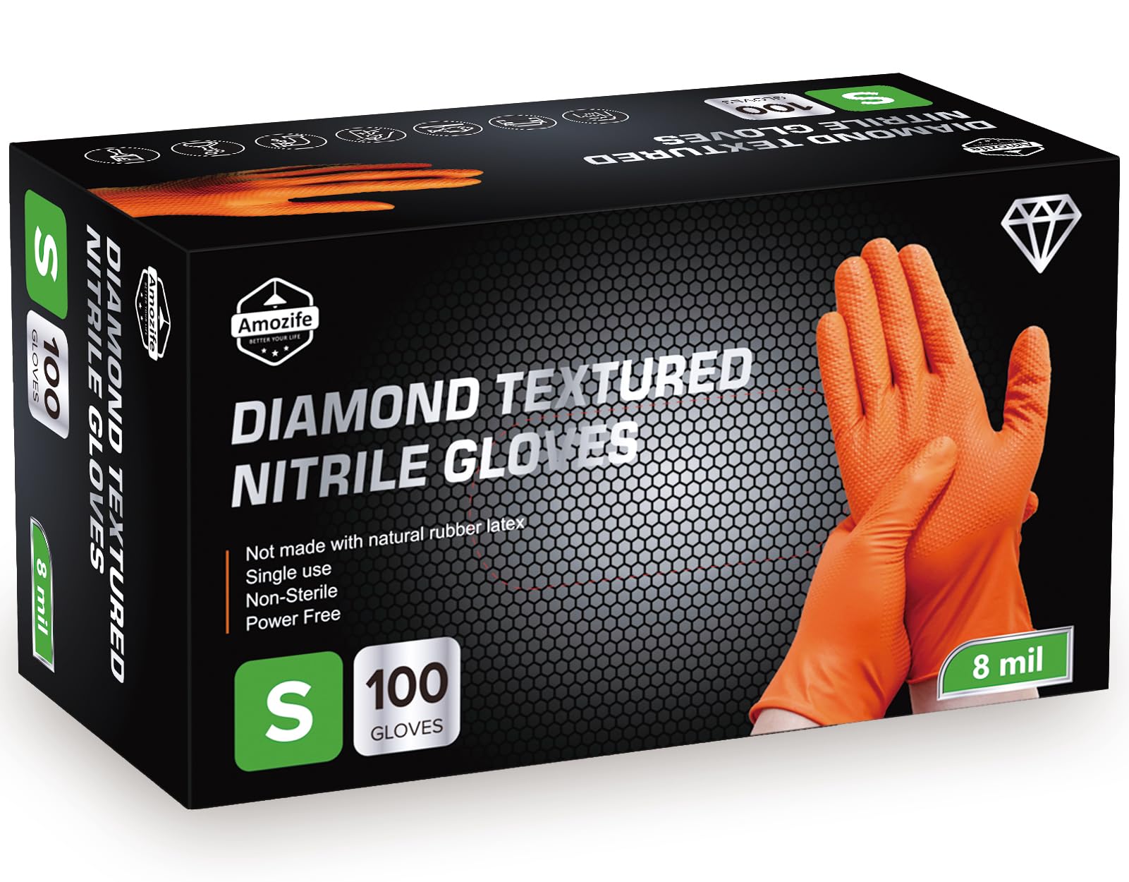 8 Mil Disposable Nitrile Industrial Gloves with Raised Diamond Texture, Powder & Latex Free, Tear Resistant