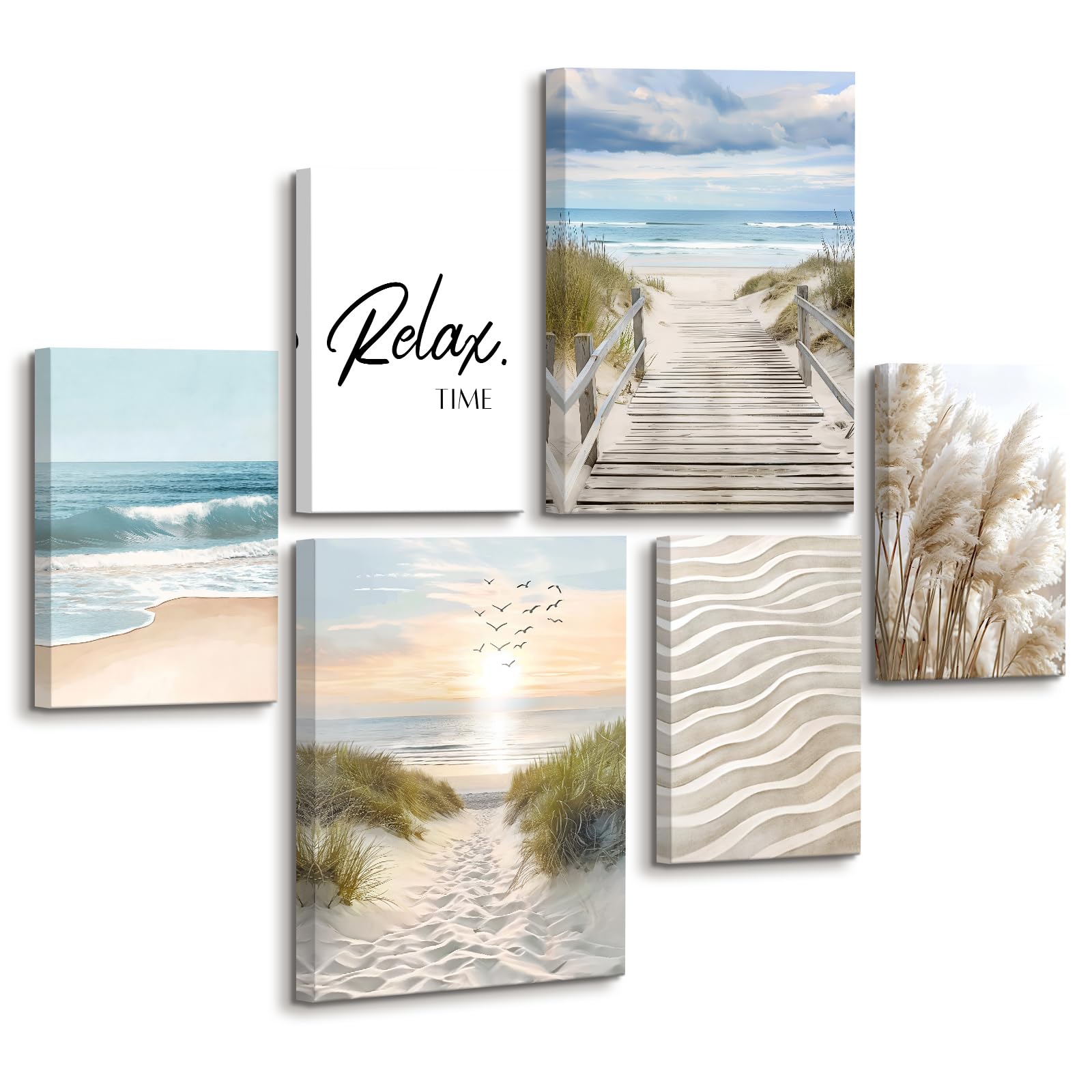 6 Pcs Wooden Framed Canvas Wall Art Set Blue Sky Ocean Canvas Prints Coastal Beach Seascape Painting Beige Pampas Grass Pictures for Living Room Bedroom Hallway Wall Decor 30x40 cm x2+20x30 cm x4 — image 1