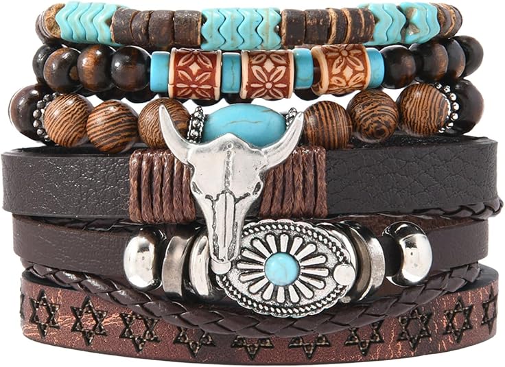 Western Bracelet for Women,Bohemian Cowgirl Turquoise Beaded Stretch Bracelets,Vintage Stackable Bull Head Cowboy Boots Feather Bracelets Set,Country Ethnic Western Jewelry Accessories for Women Men