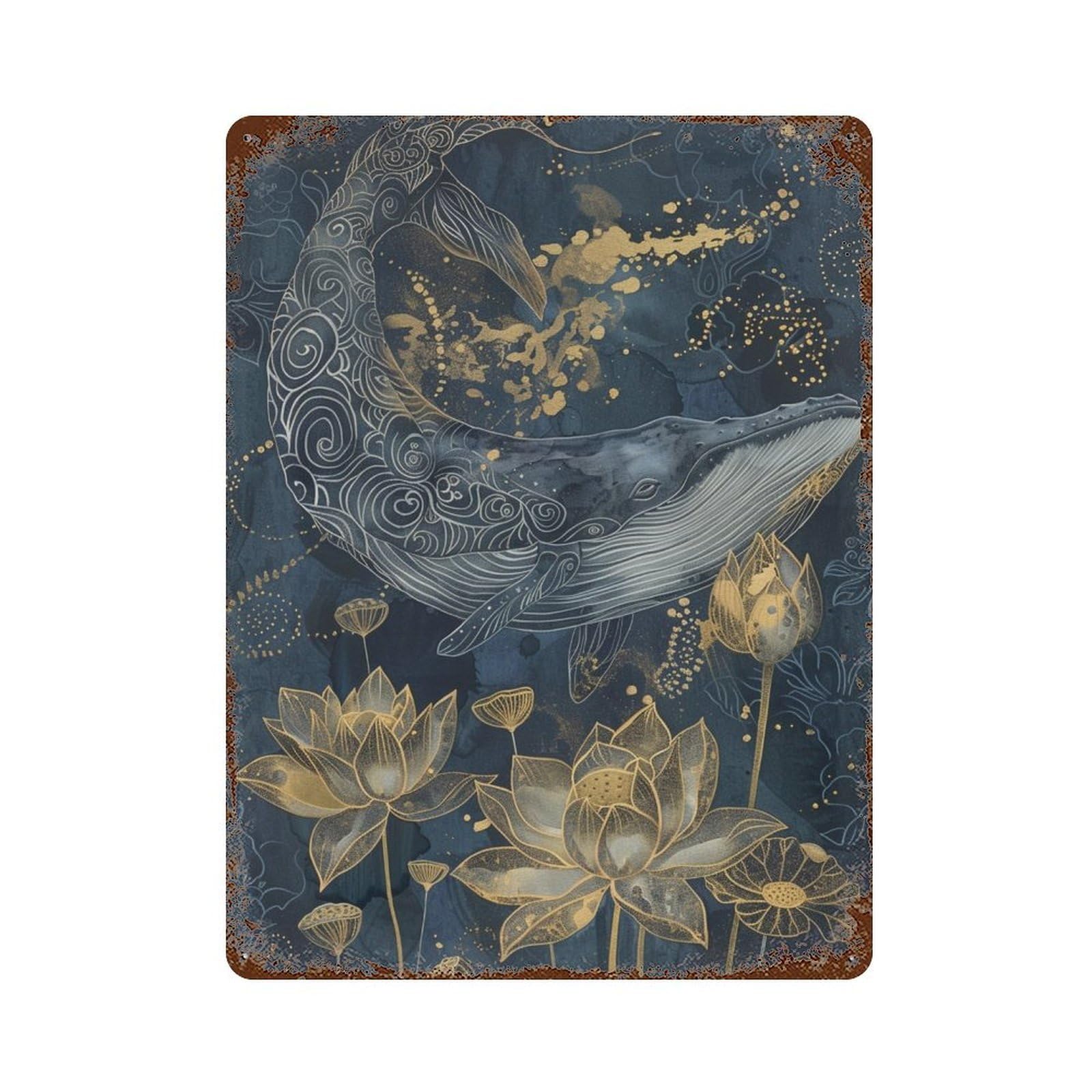 Whale And Lotus Flowers Art Print Rusty Metal Tin Sign 15.7"x11.8", Old School Wall Decor for Garage, Pub Or Kitchen