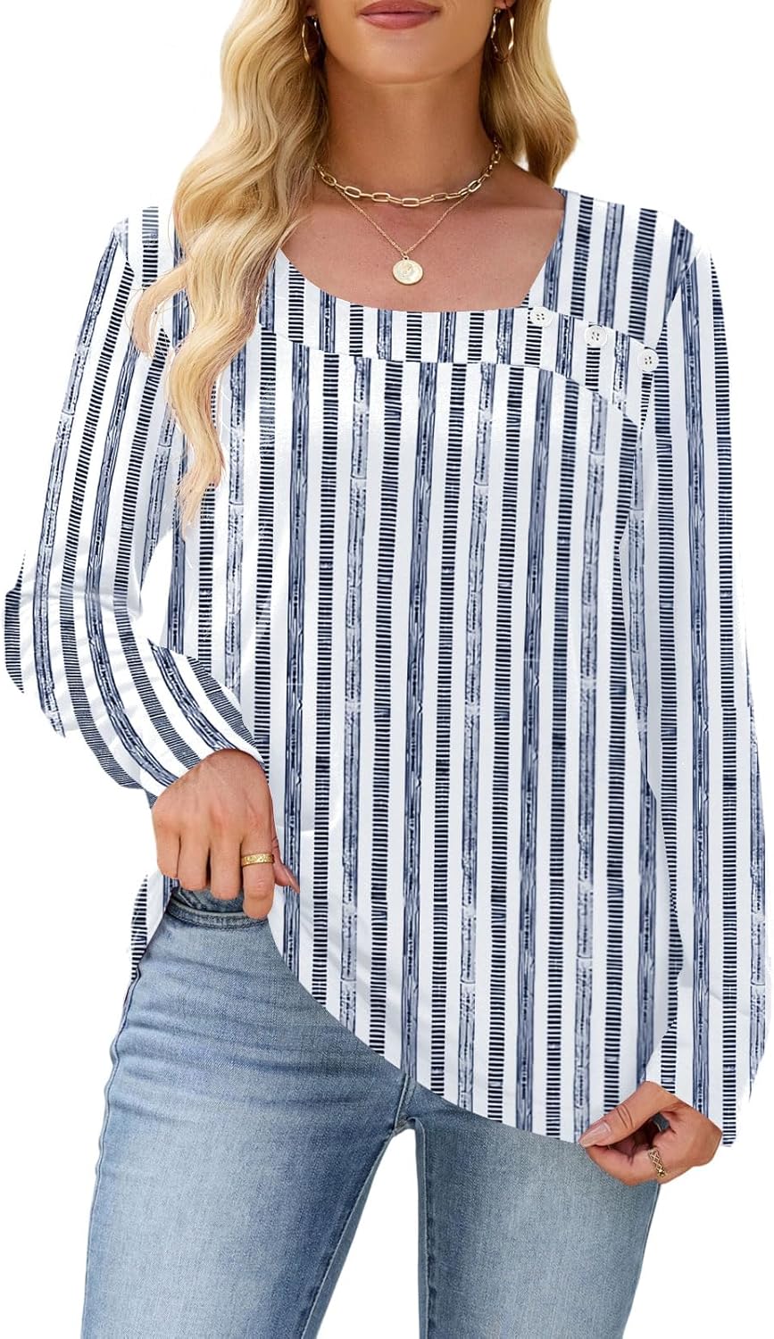 Womens Long Sleeve T Shirts Asymmetrical Neck Tops Business Blouses for Women Fashion 2025 Tunic Shirts Decorative Buttons - Image 2