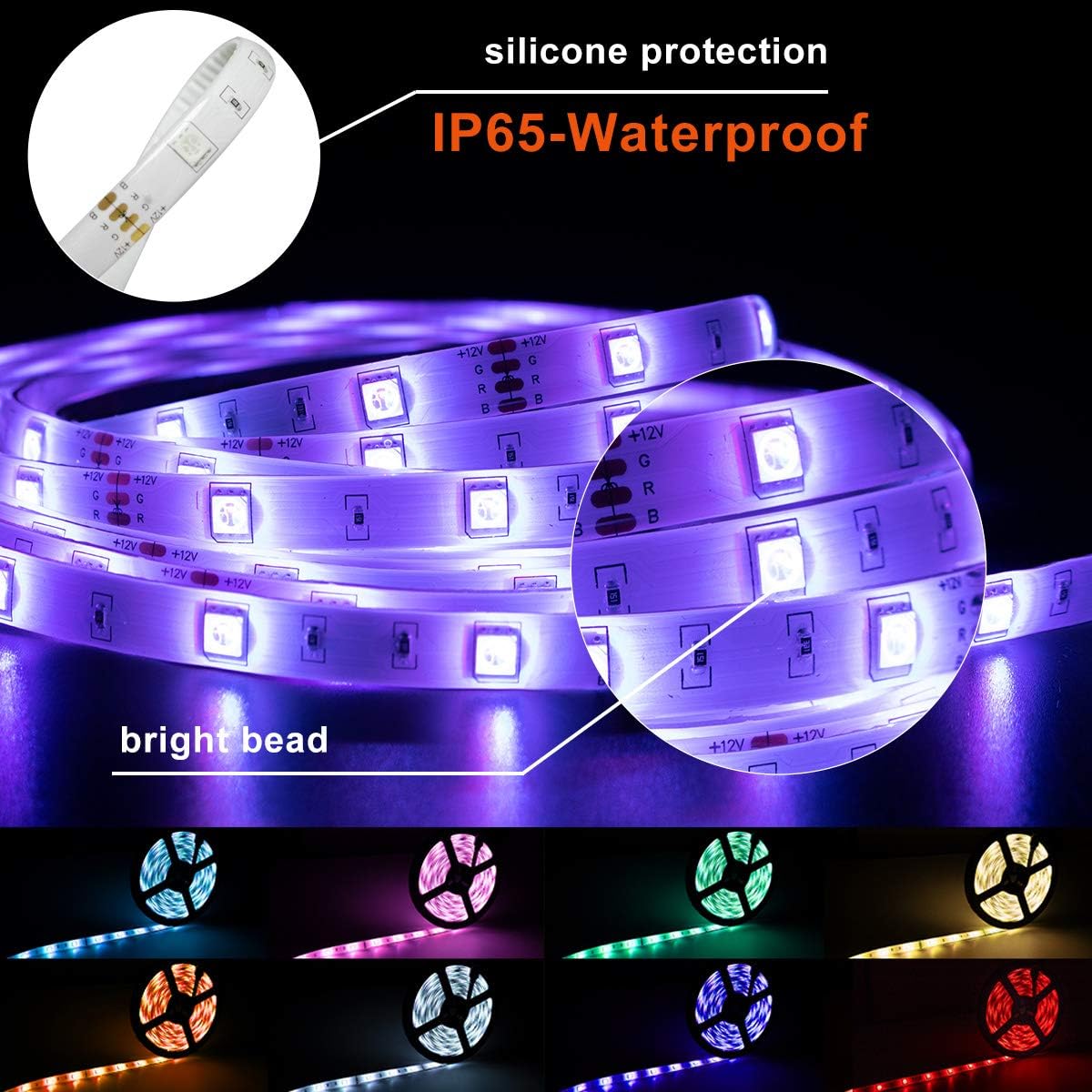 AZIMOM 16.4ft LED Strip Lights for Bedroom Tape Light Music Sync Bluetooth 5050 RGB Waterproof Timing Color Changing APP Remote Control led Lights for Bedroom Home kitchen Party Lighting Decoration