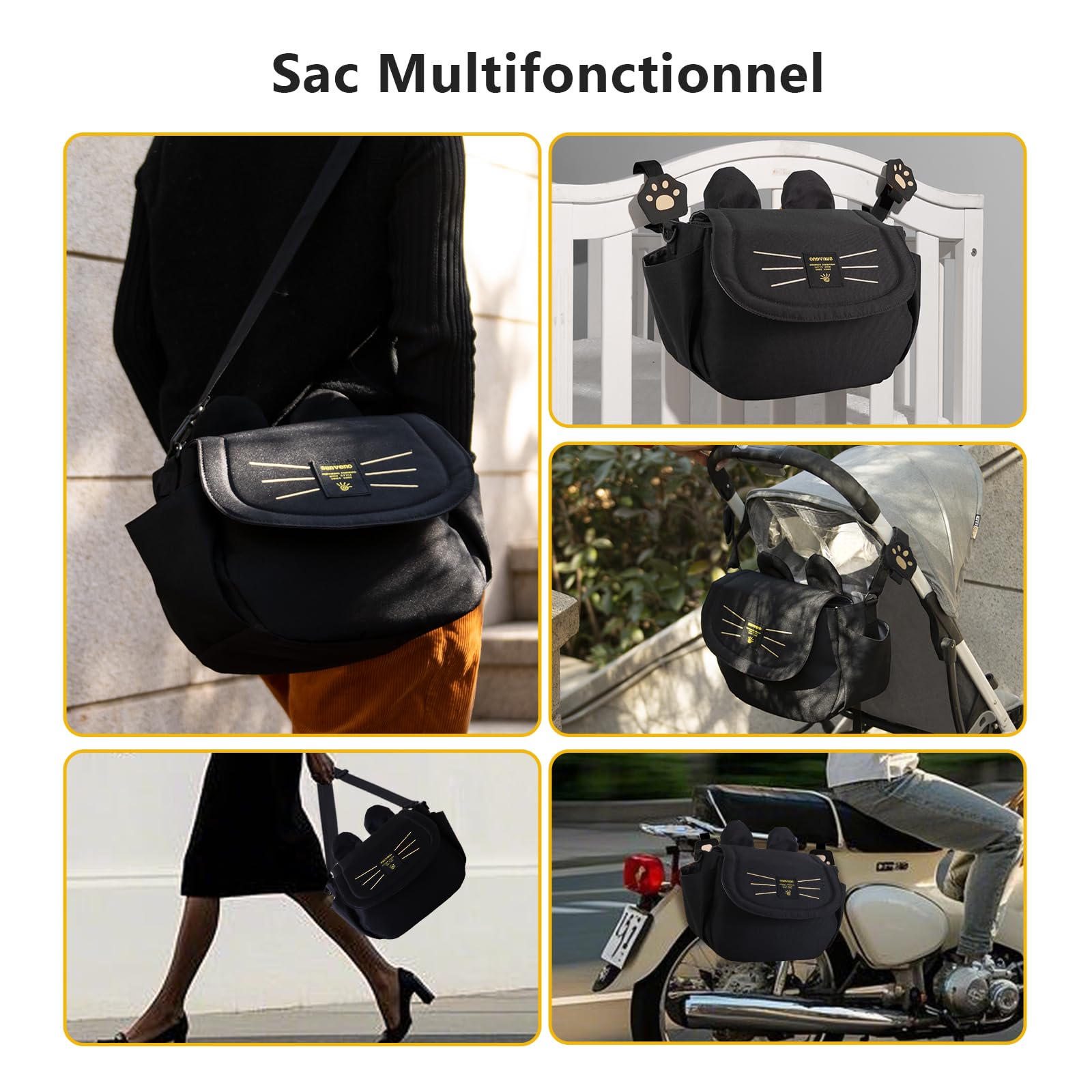 SUNVENO Sac à couches pour chat Grande capacité Maman Sac de voyage Maternité Universel Bébé Poussette Sacs Organisateur (Noir)