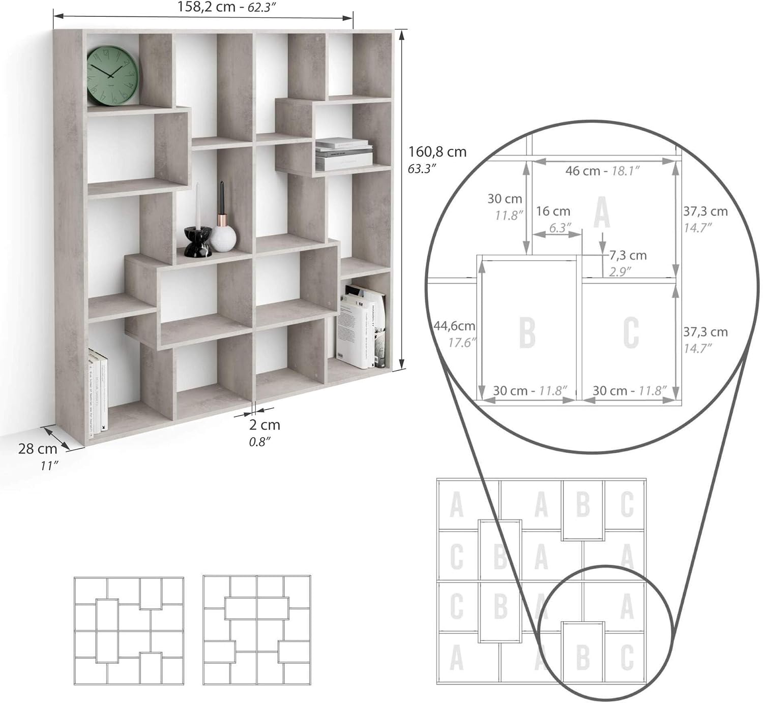 Mobili Fiver, Iacopo S Bookcase (63.31 x 62.3 in), Concrete Effect, Grey, Made in Italy