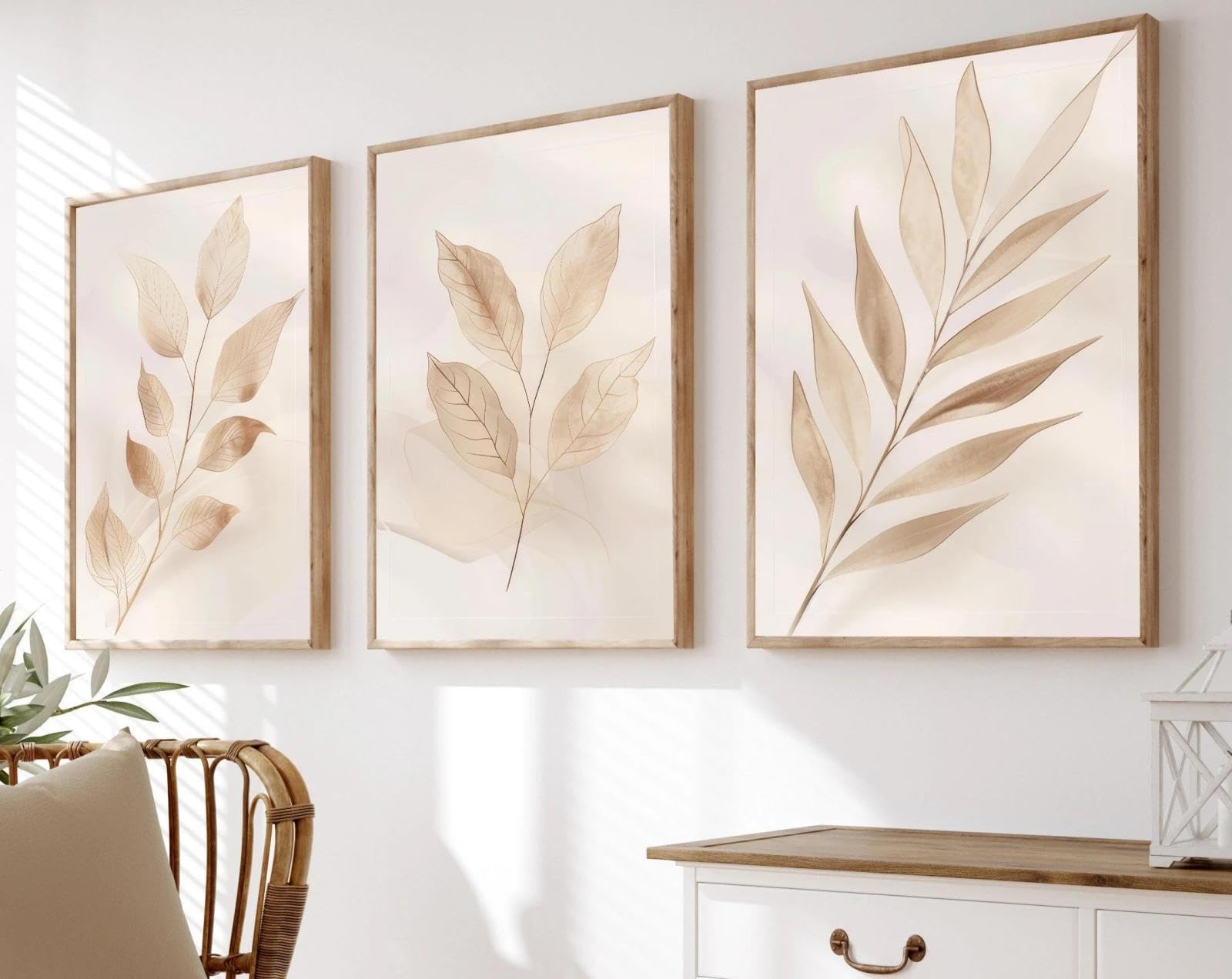 Baibexing Boho Beige Botanical Neutral Leaf Minimalist Poster Prints Canvas Painting Wall Art Picture Living Room Home Decor 50X70Cmx3Pcs Unframed